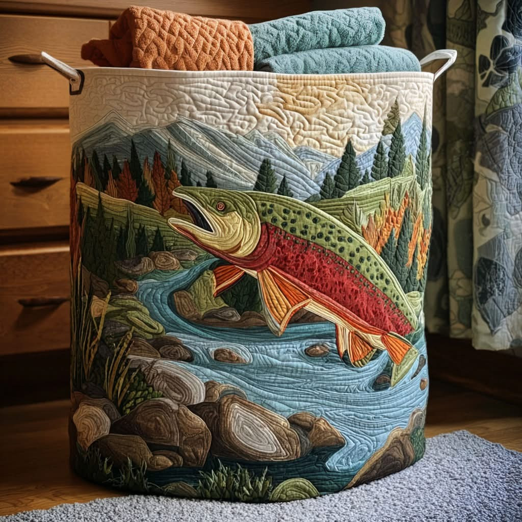 Fishing Mountain Stream Serenity Quilted Laundry Basket Best Hamper Basket Best Fishing Gifts - Tradiviet