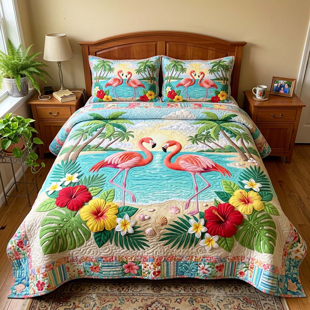 Flamingo Beach Quilted Bedding Set Flamingo Beach Island Gift For Flamingo Beach - Tradiviet