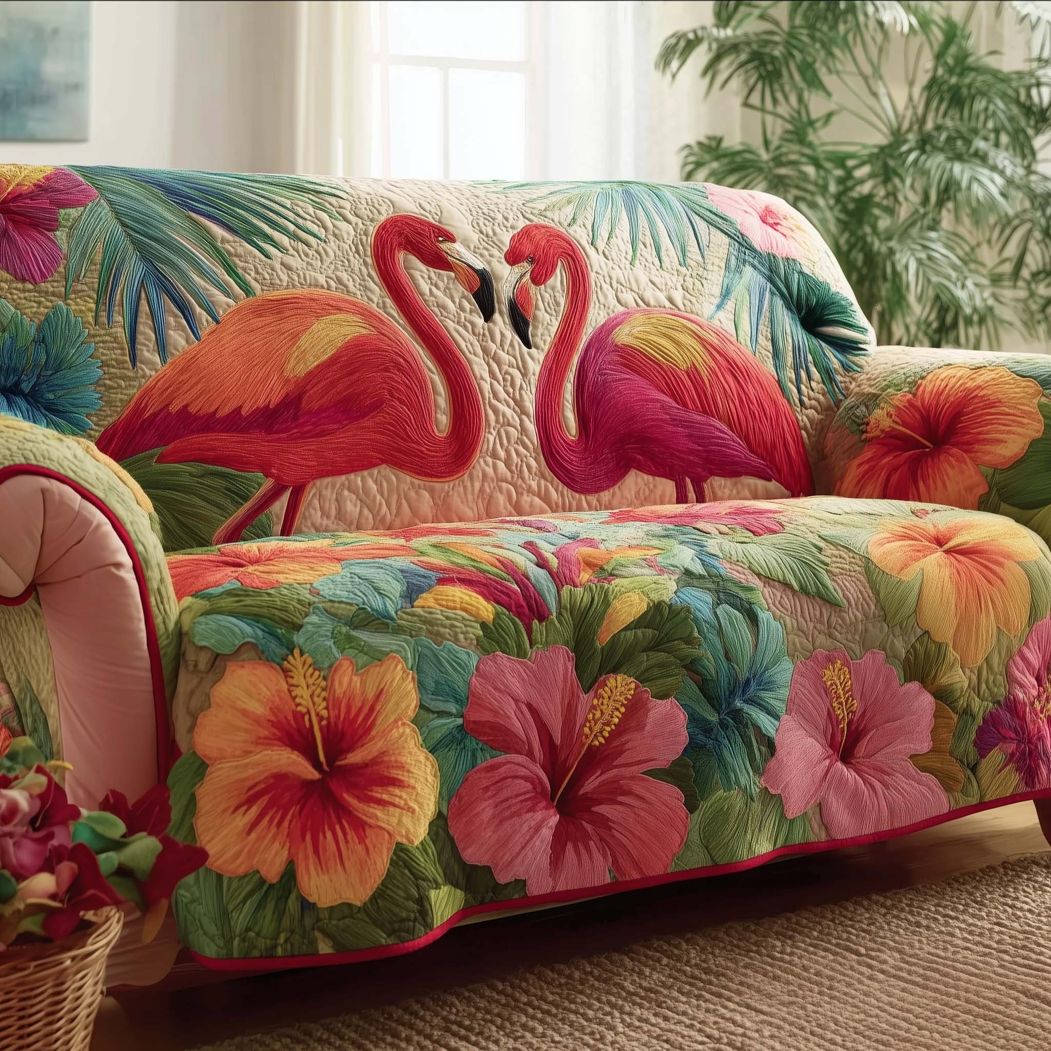 Flamingo Lagoon Quilted Sofa Cover Tropical Home Couch Cover Gift For Room Lovers - Tradiviet