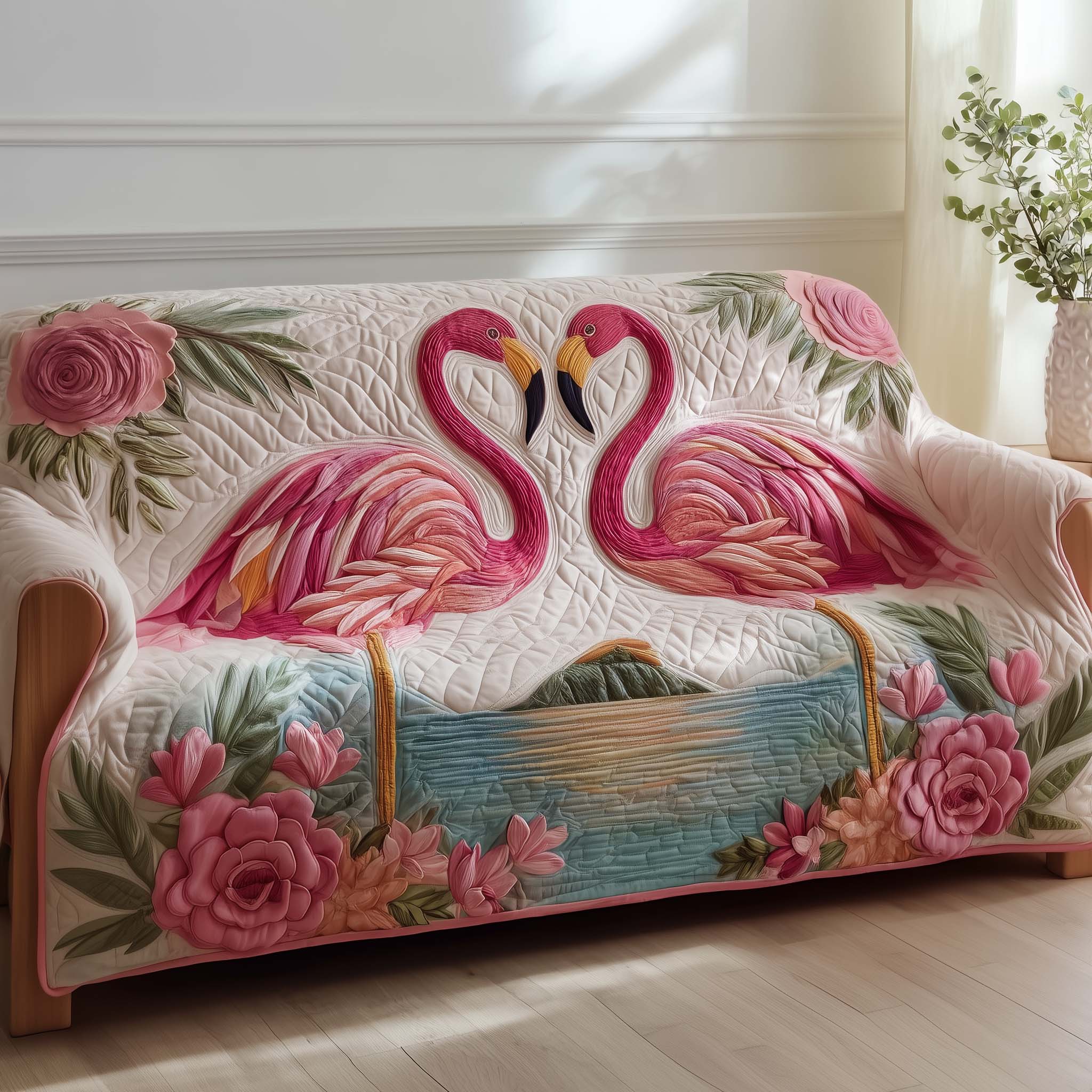 Flamingo Lagoon Quilted Sofa Cover Tropical Home Couch Cover Gifts For House Lovers - Tradiviet
