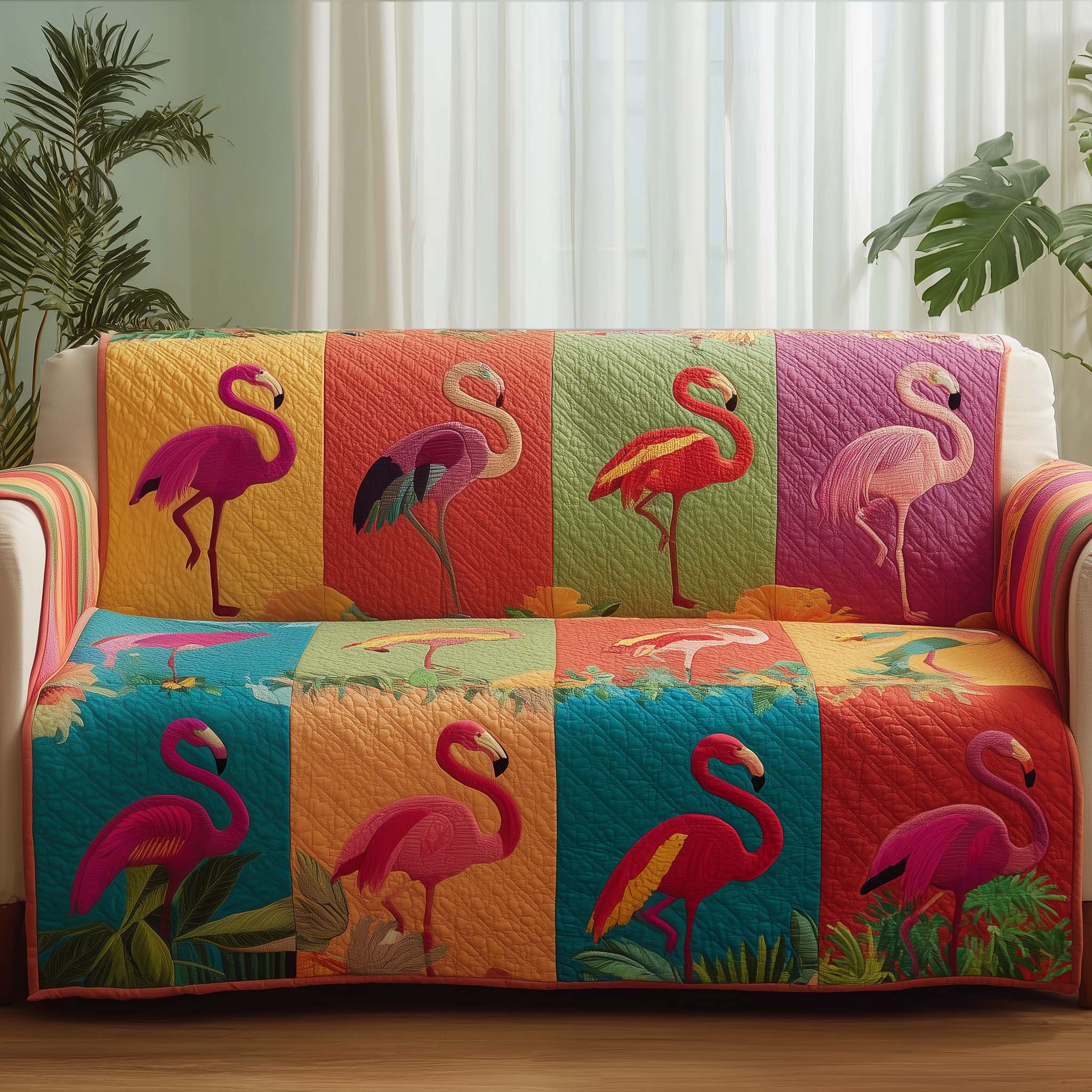 Flamingo Lagoon Quilted Sofa Cover Tropical Home Couch Cover Home Lover Gift Ideas - Tradiviet