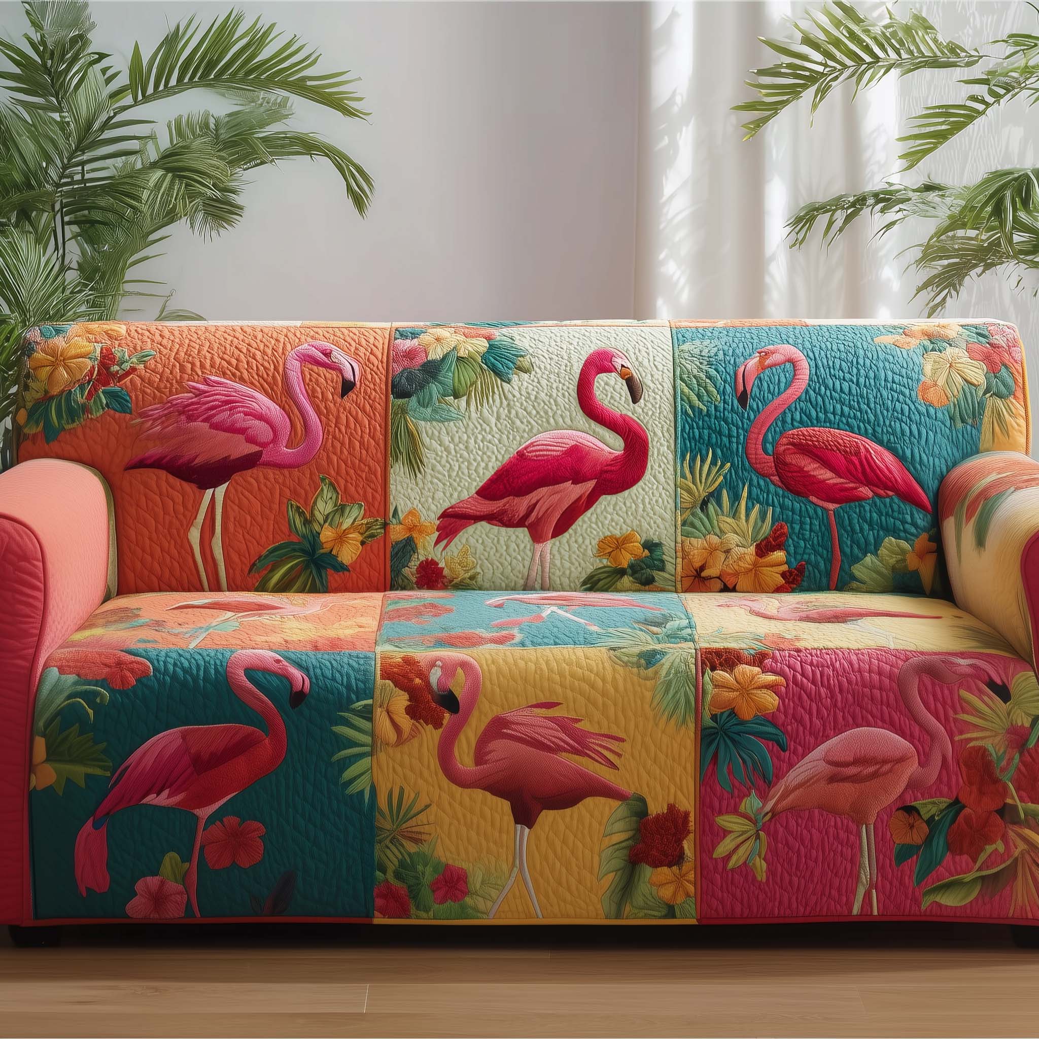 Flamingo Lagoon Quilted Sofa Cover Tropical Home Couch Cover House Lover Gift Ideas - Tradiviet