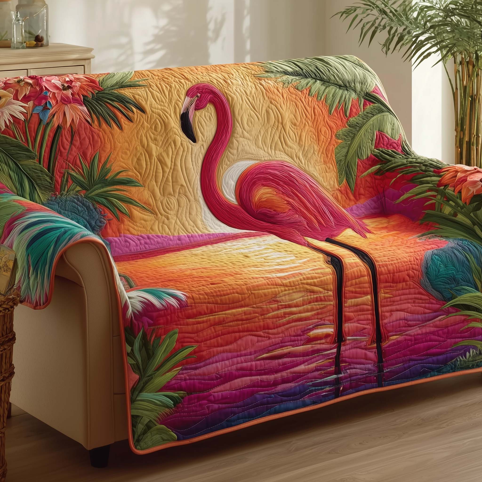 Flamingo Lagoon Quilted Sofa Cover Tropical Home Couch Cover Interior Design Gift Ideas - Tradiviet