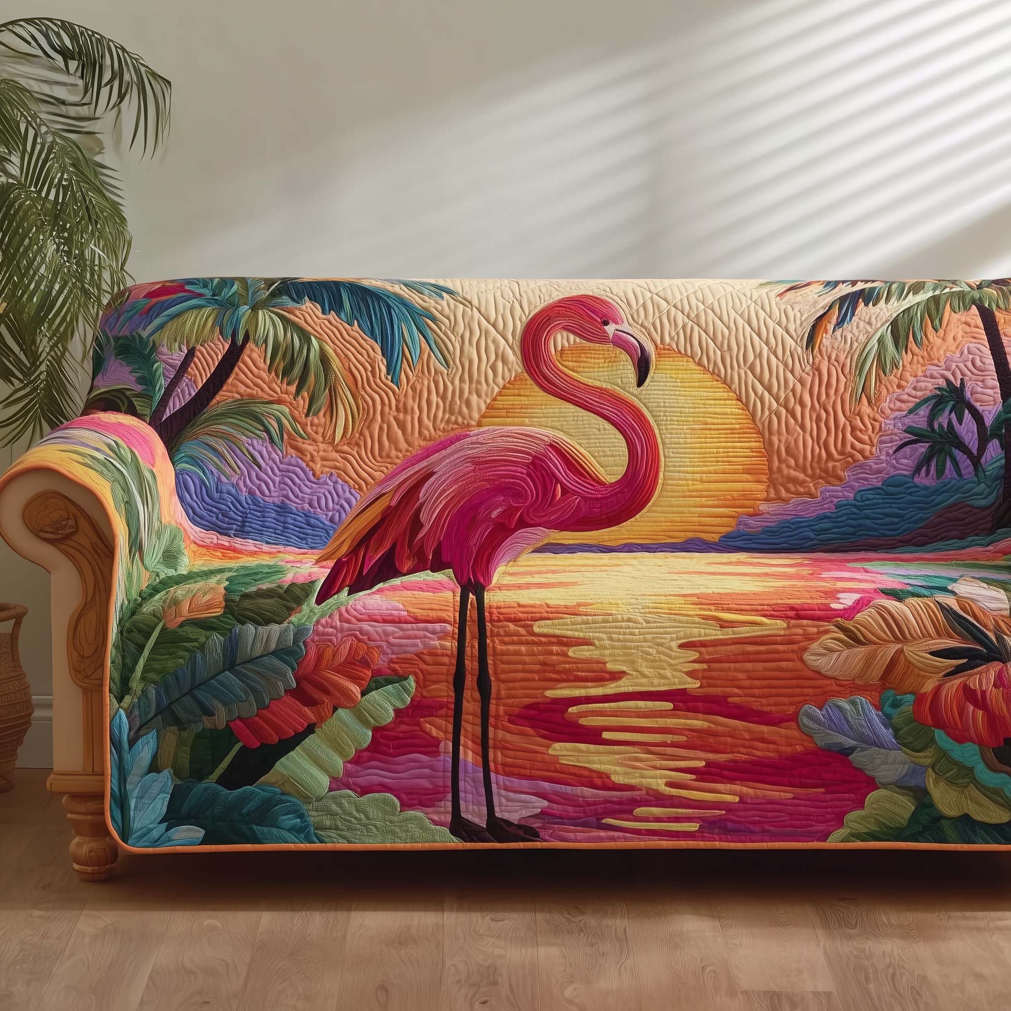 Flamingo Lagoon Quilted Sofa Cover Tropical Home Couch Cover Present For Home Lovers - Tradiviet