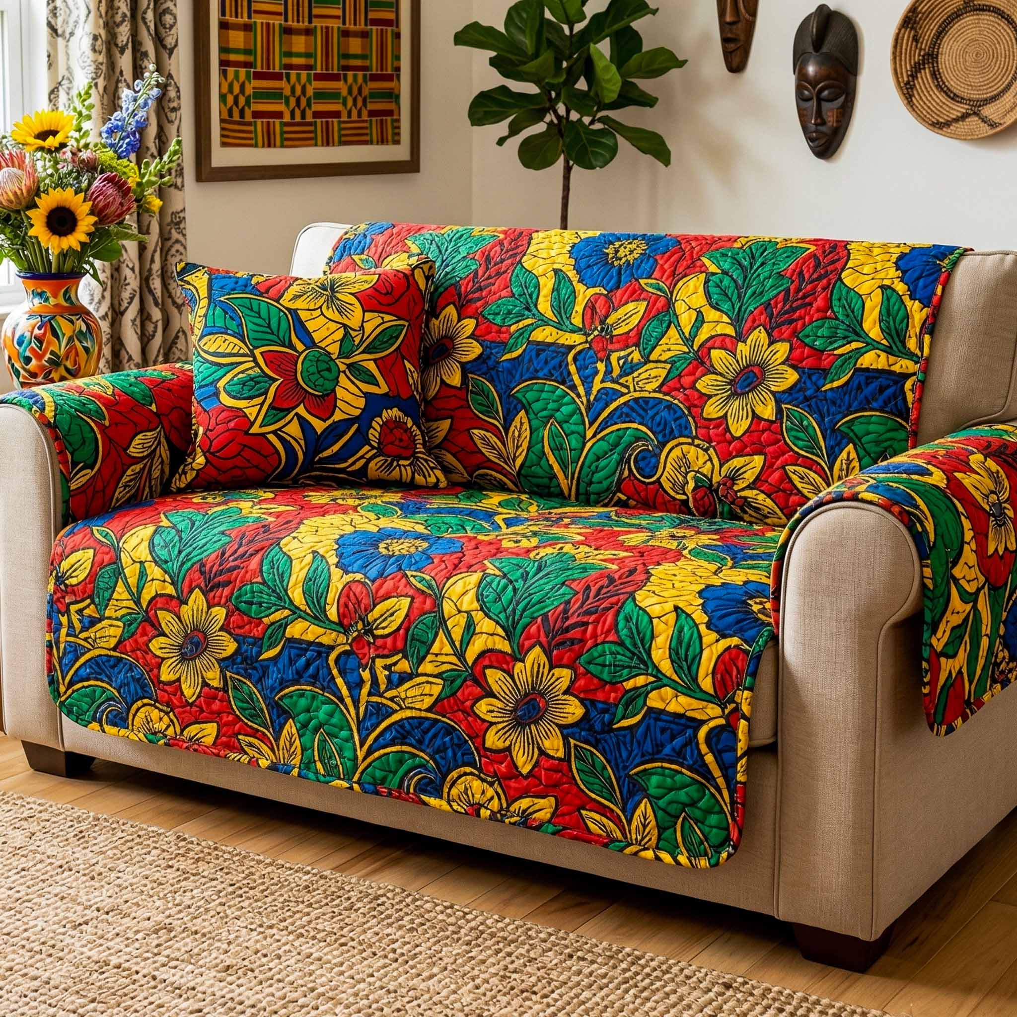 Floral Africa Quilted Sofa Cover Home Room Decor Ideas Gifts For House Lovers - Tradiviet