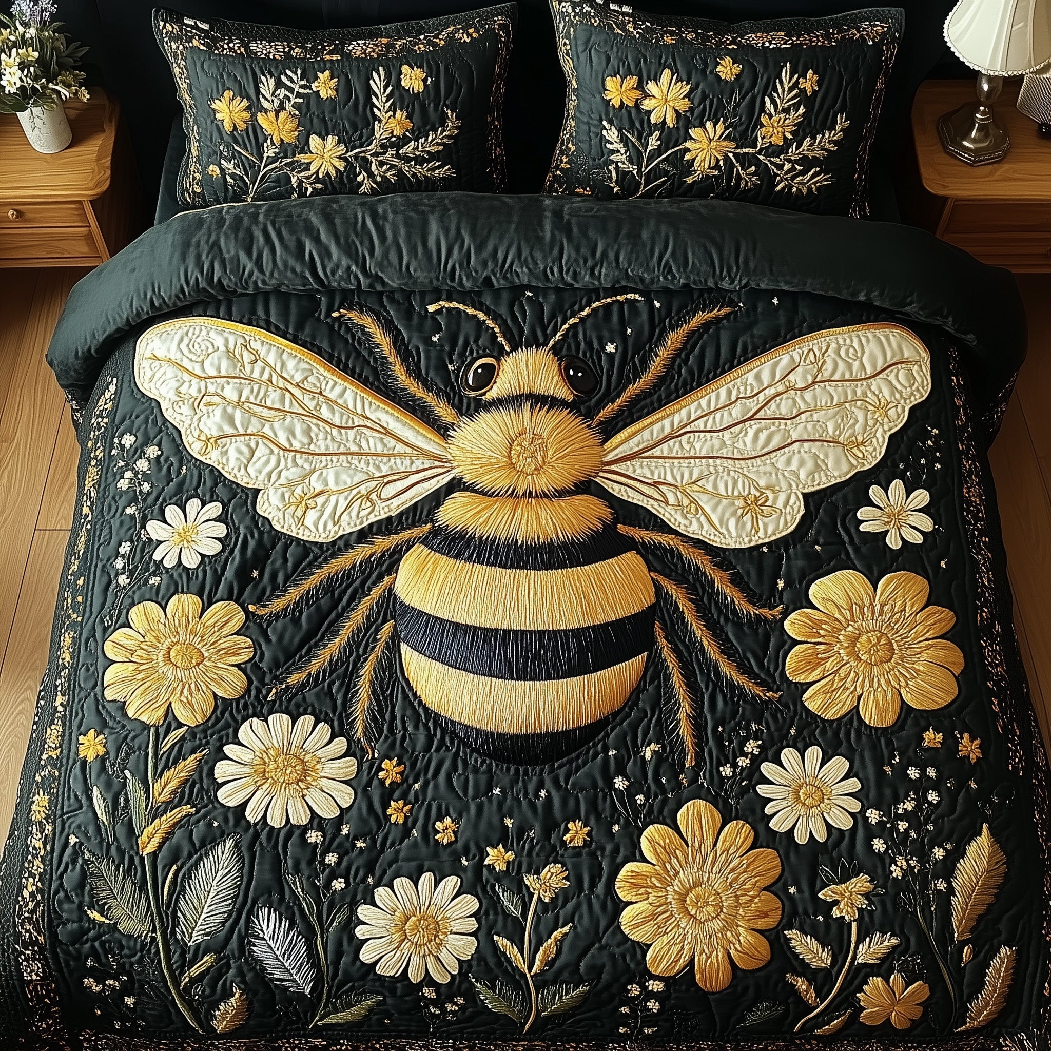 Floral Bee Quilted Bedding Set Floral Bee Dream Gift For Bee Sister - Tradiviet