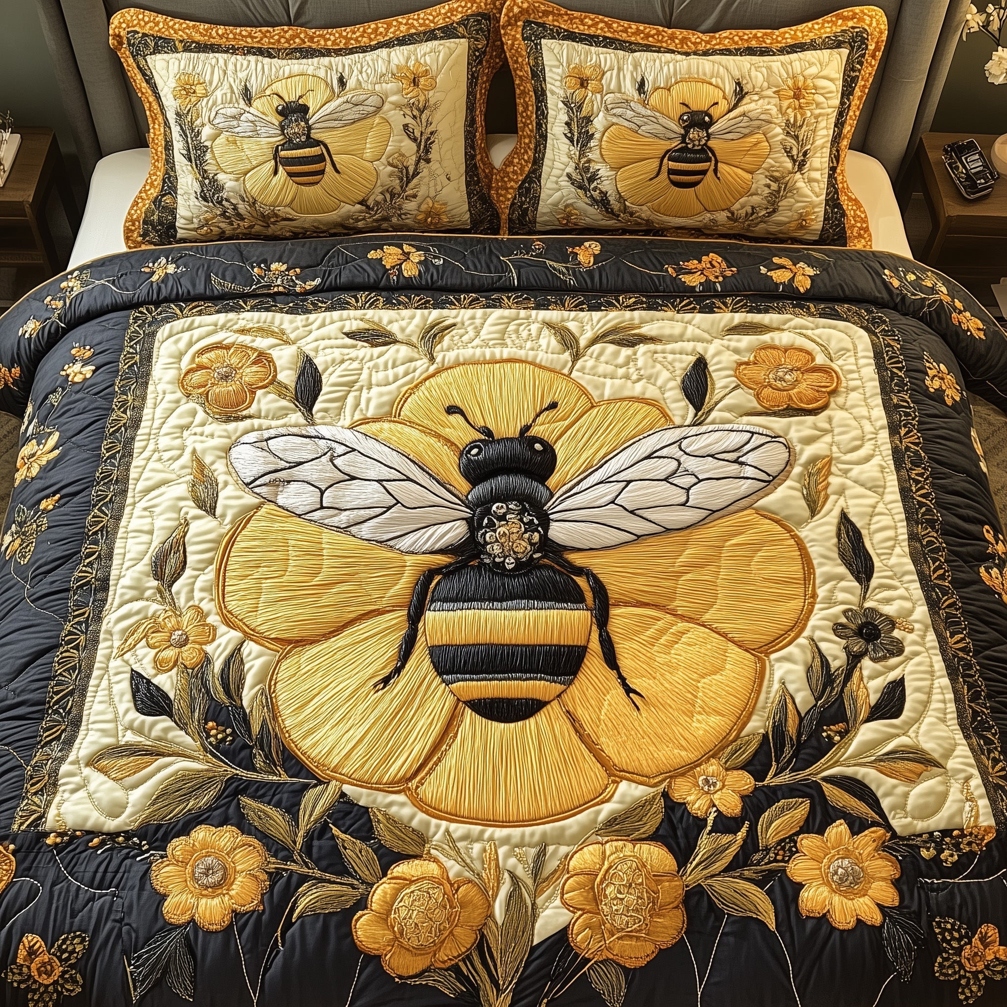 Floral Bee Quilted Bedding Set Floral Bee Landscape Gift For Floral Grandma - Tradiviet