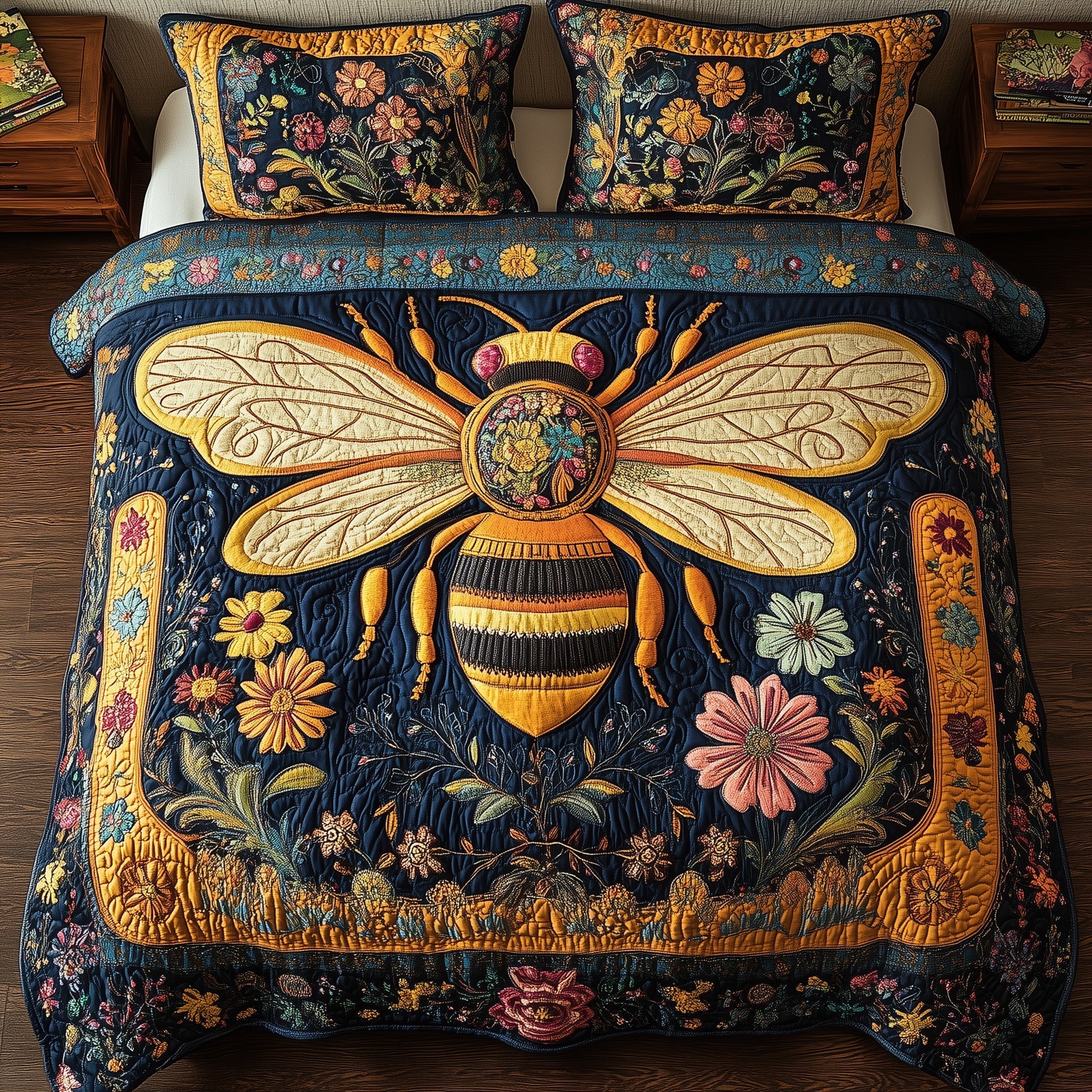 Floral Bee Quilted Bedding Set Floral Bee Statement Gift For Bee Family - Tradiviet