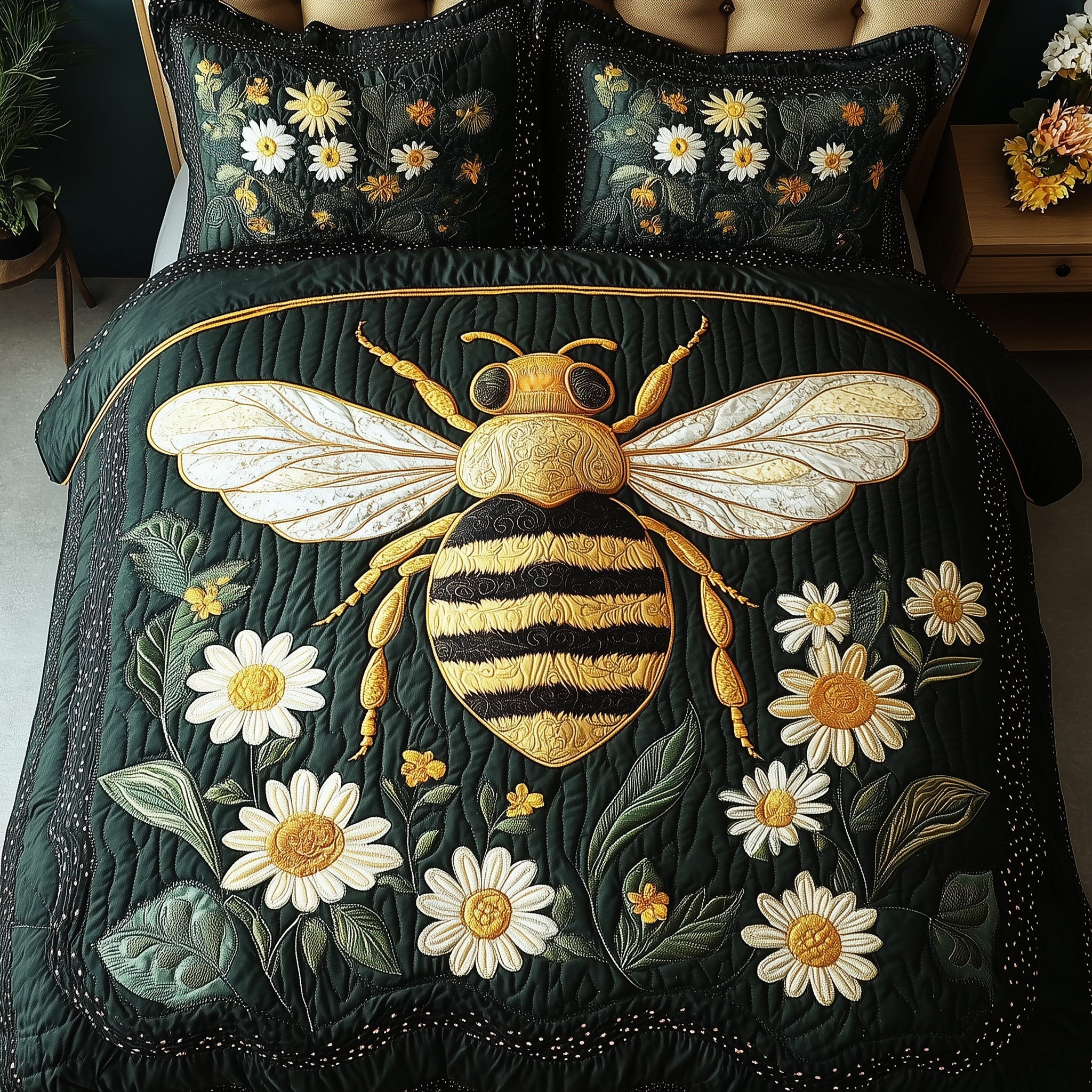 Floral Bee Quilted Bedding Set Floral Bee Textile Gift For Bee Grandma - Tradiviet