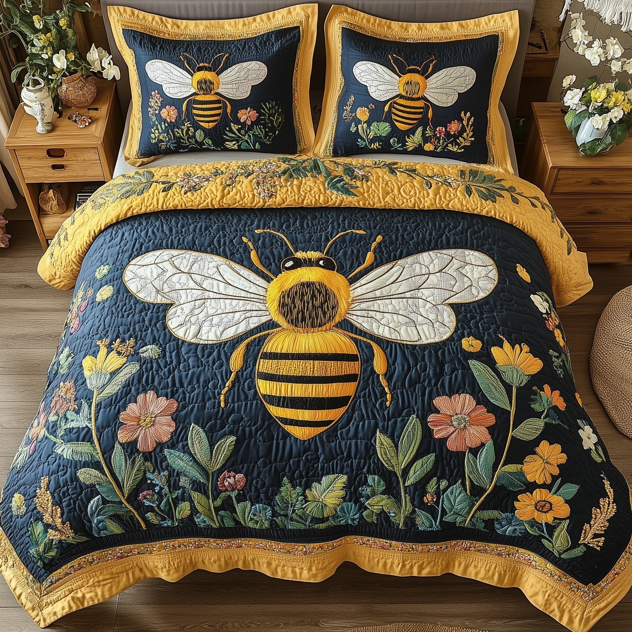 Floral Bee Quilted Bedding Set Floral Bee Touch Gift For Bee Friends - Tradiviet