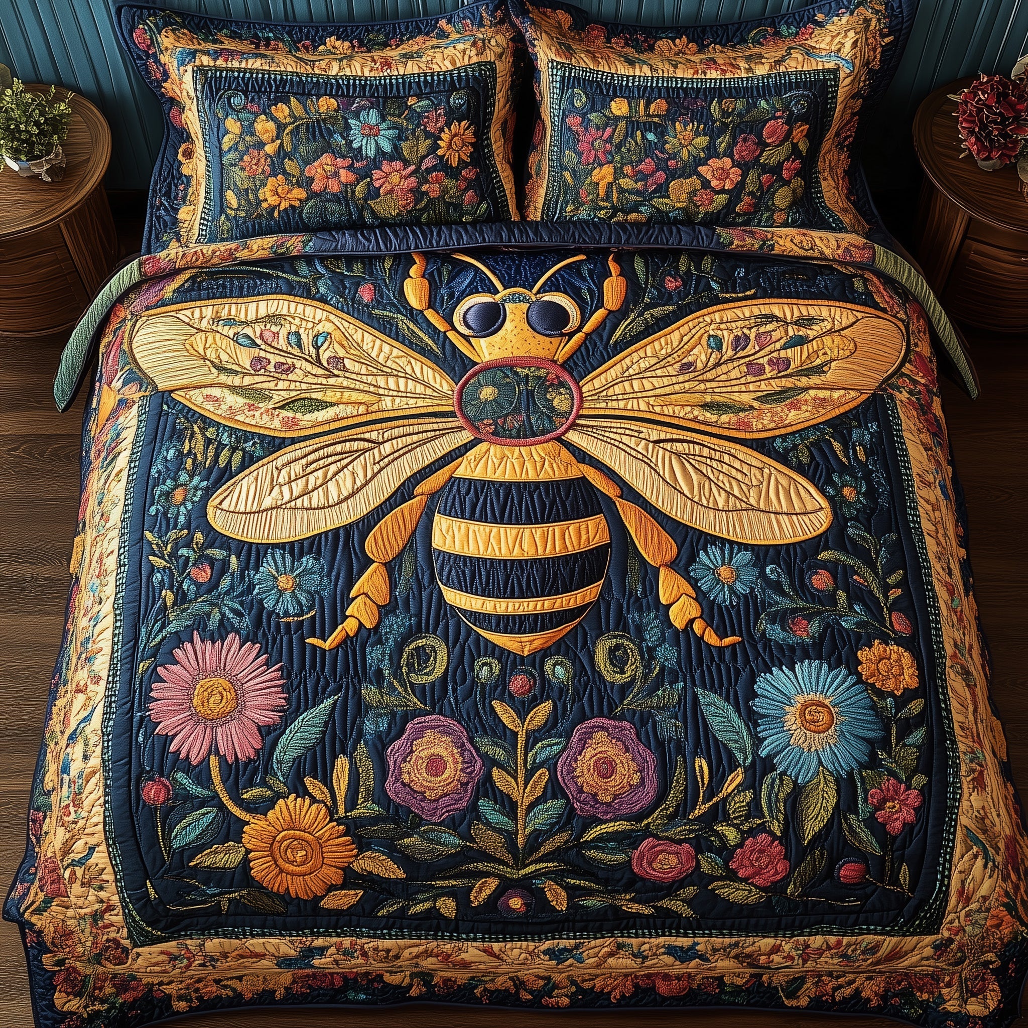 Floral Bee Quilted Bedding Set Floral Bee Treasure Gift For Floral Bee - Tradiviet