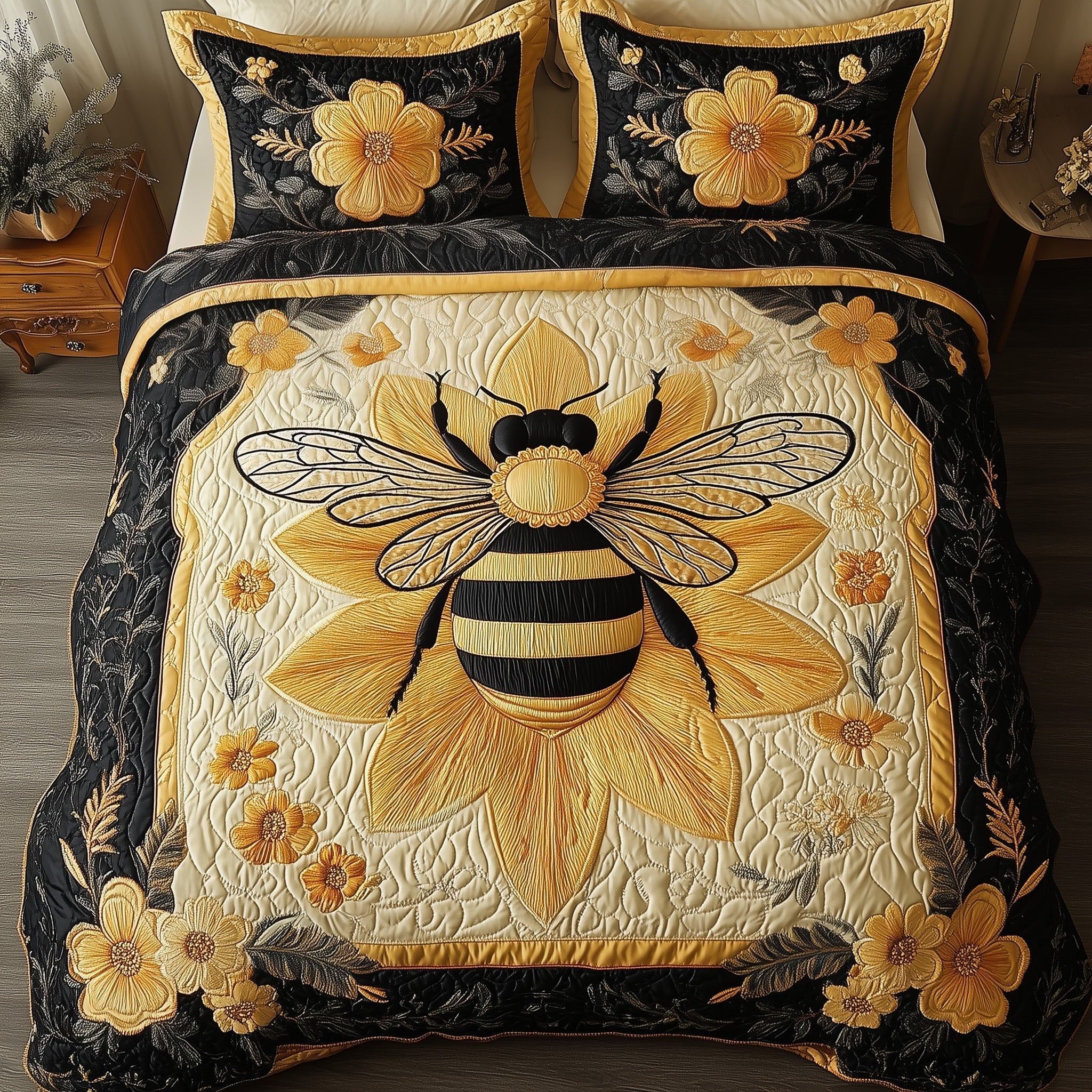 Floral Bee Quilted Bedding Set Floral Bee Vision Gift For Bee Husband - Tradiviet
