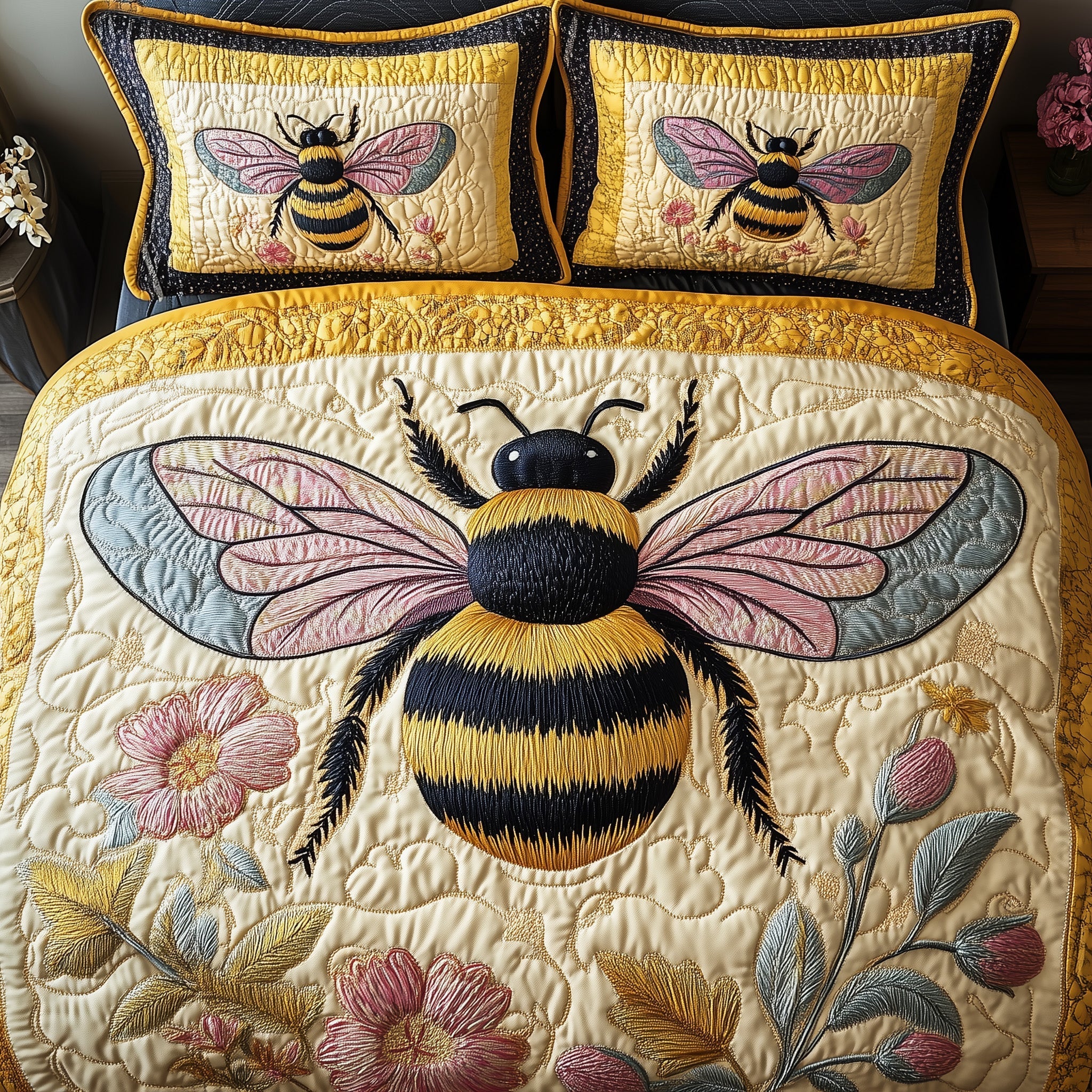 Floral Bee Quilted Bedding Set Floral Bee Warmth Gift For Floral Brother - Tradiviet