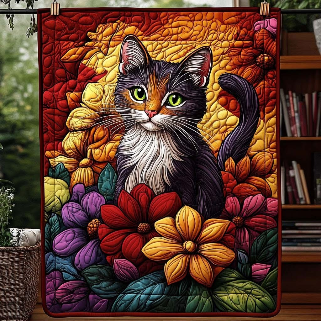Floral Cat Quilted Blanket Bedroom Decorations Cool Holiday Gifts Idea For Cat Lovers - Tradiviet