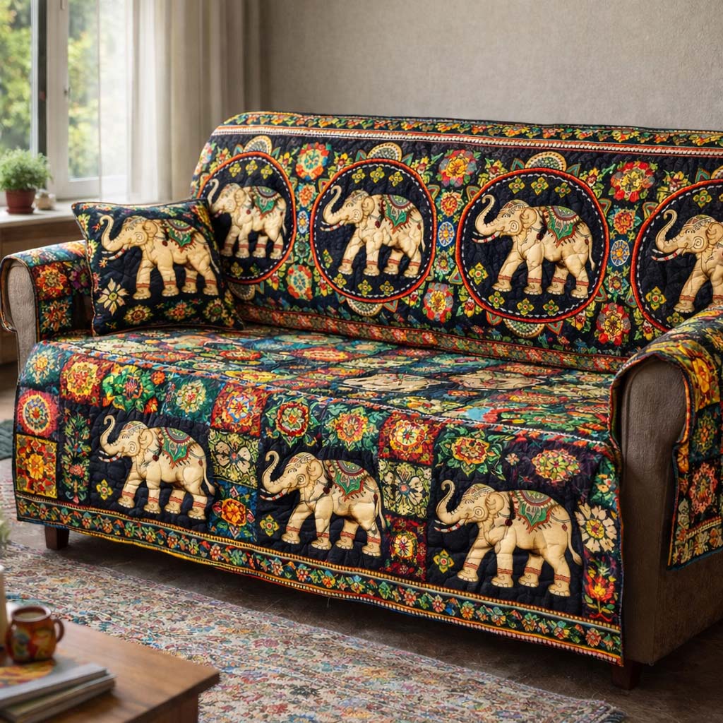 Floral Elephant Parade Quilted Sofa Cover Safari Home Couch Cover Best Home Decor Gifts - Tradiviet