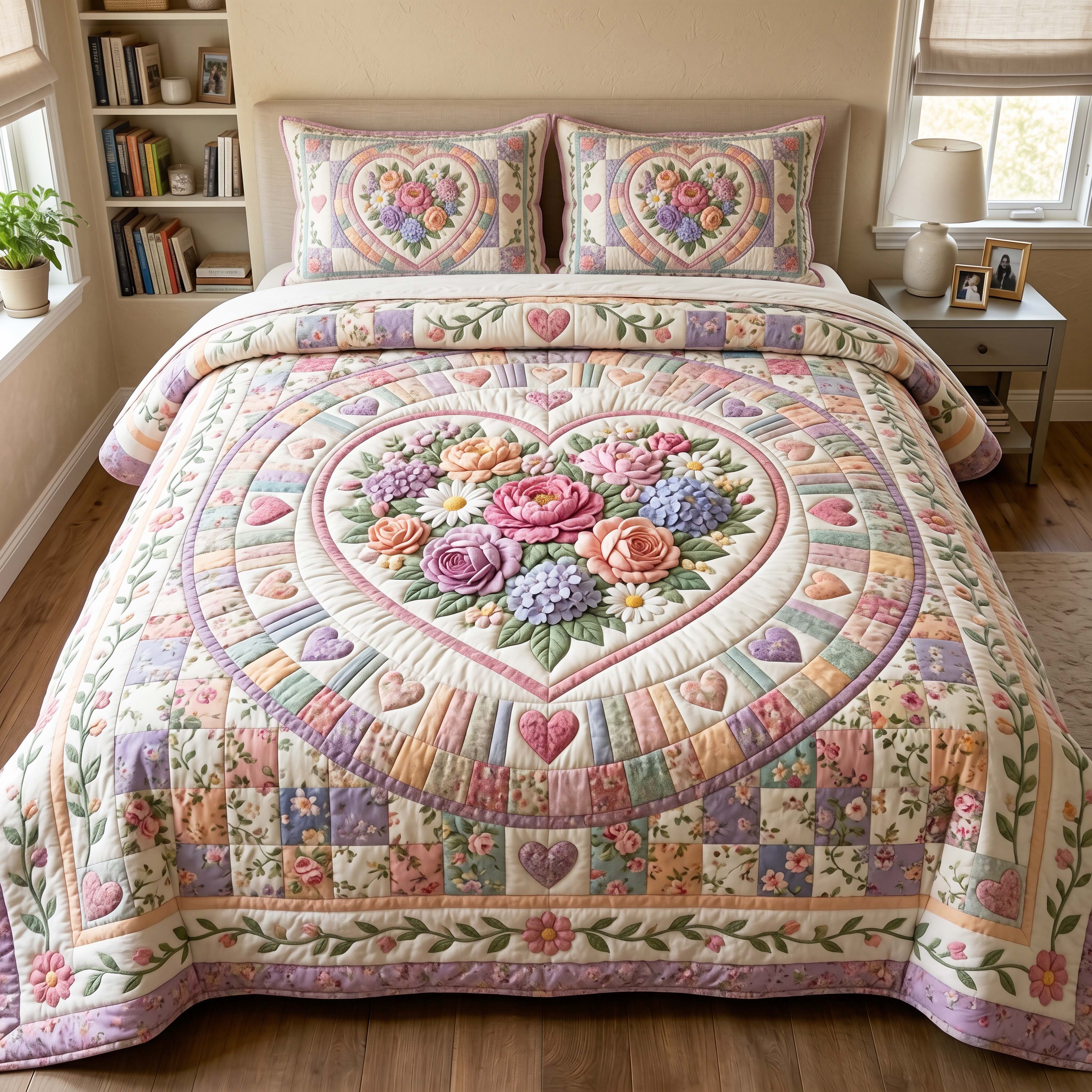 Floral Heart Quilted Bedding Set Floral Heart Lush Gift For Heart Lovers - Tradiviet