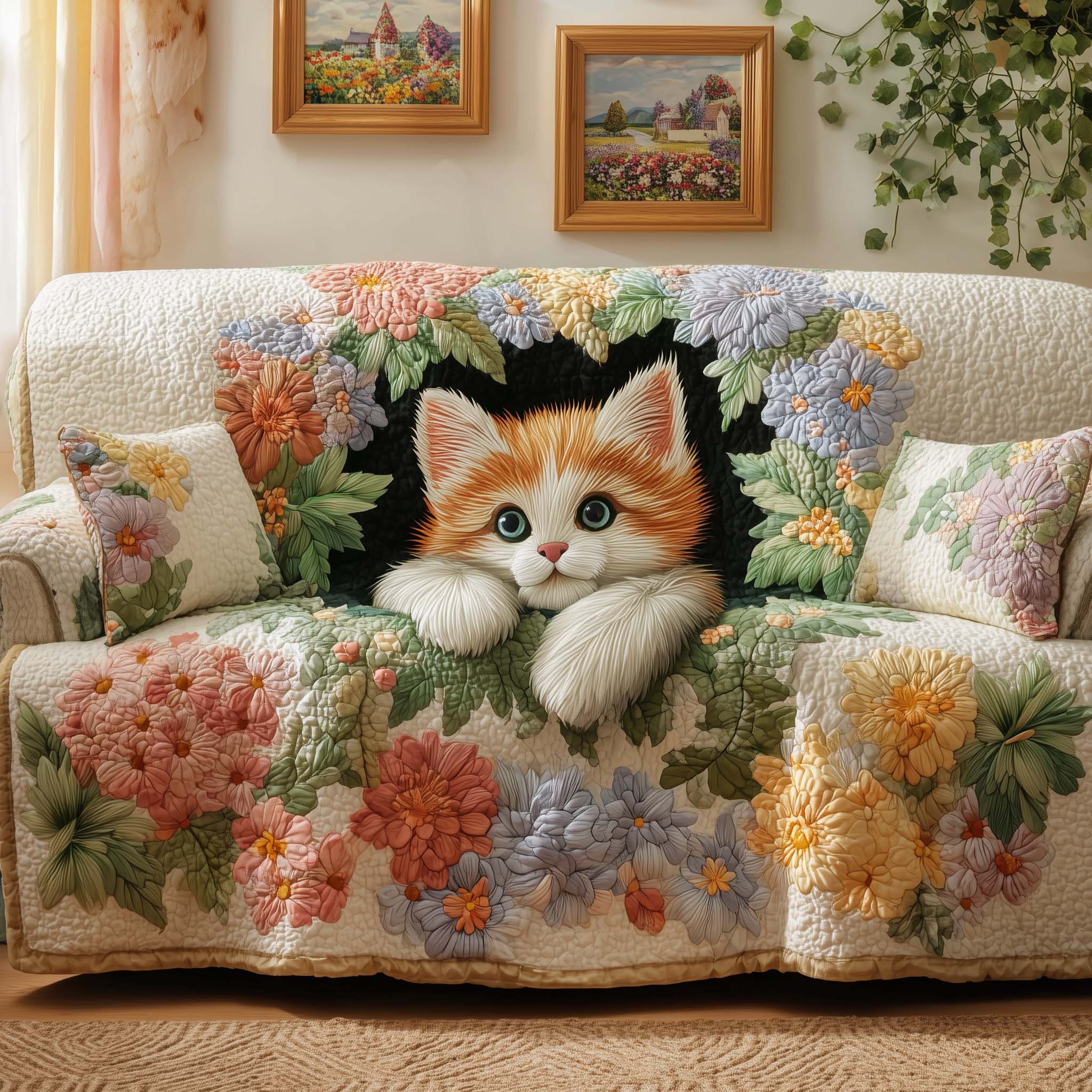 Floral Kitten Quilted Sofa Cover Cat Home Couch Cover Gifts For Living Rooms - Tradiviet