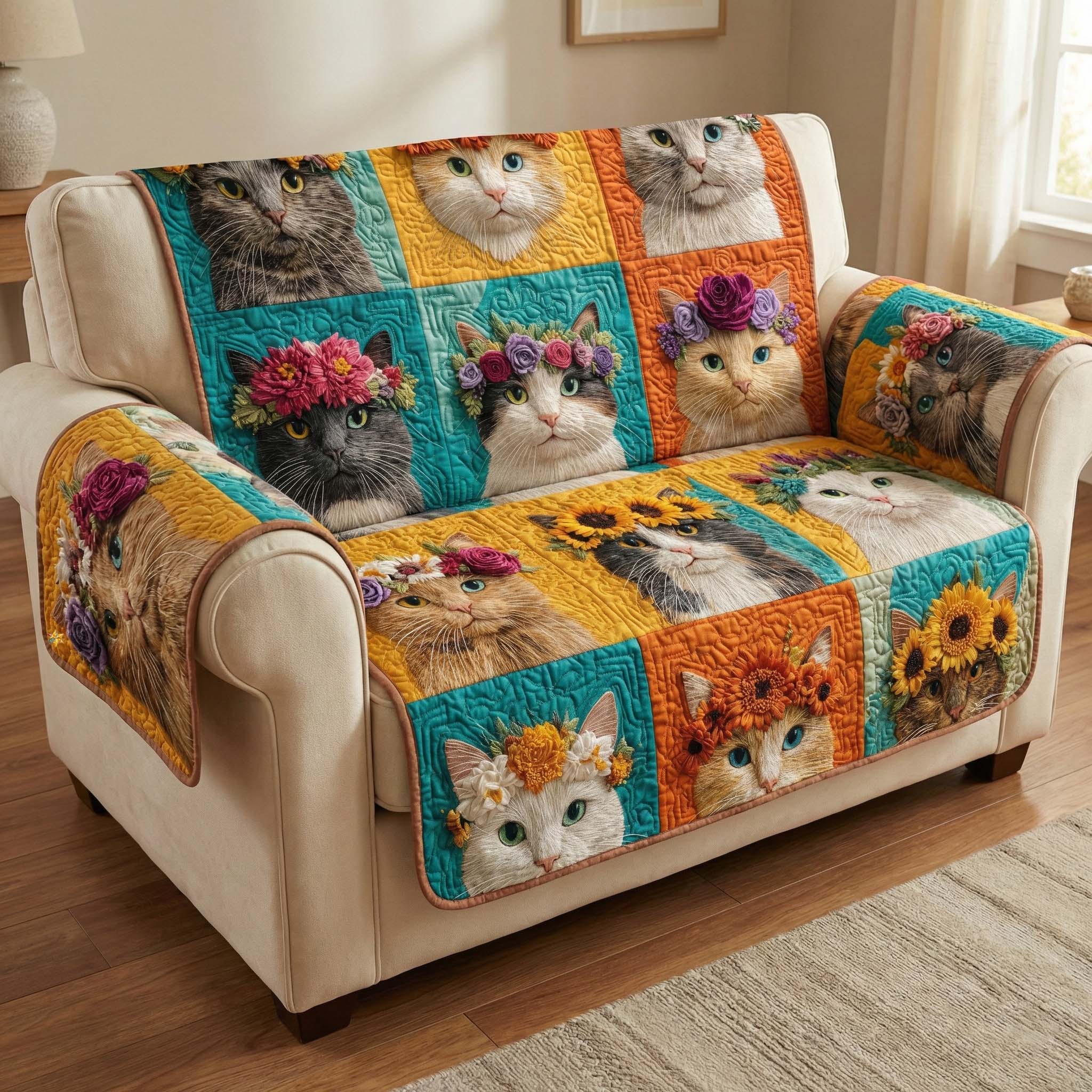 Floral Kittens Quilted Sofa Cover Cat Home Couch Cover Gift For Room Lovers - Tradiviet