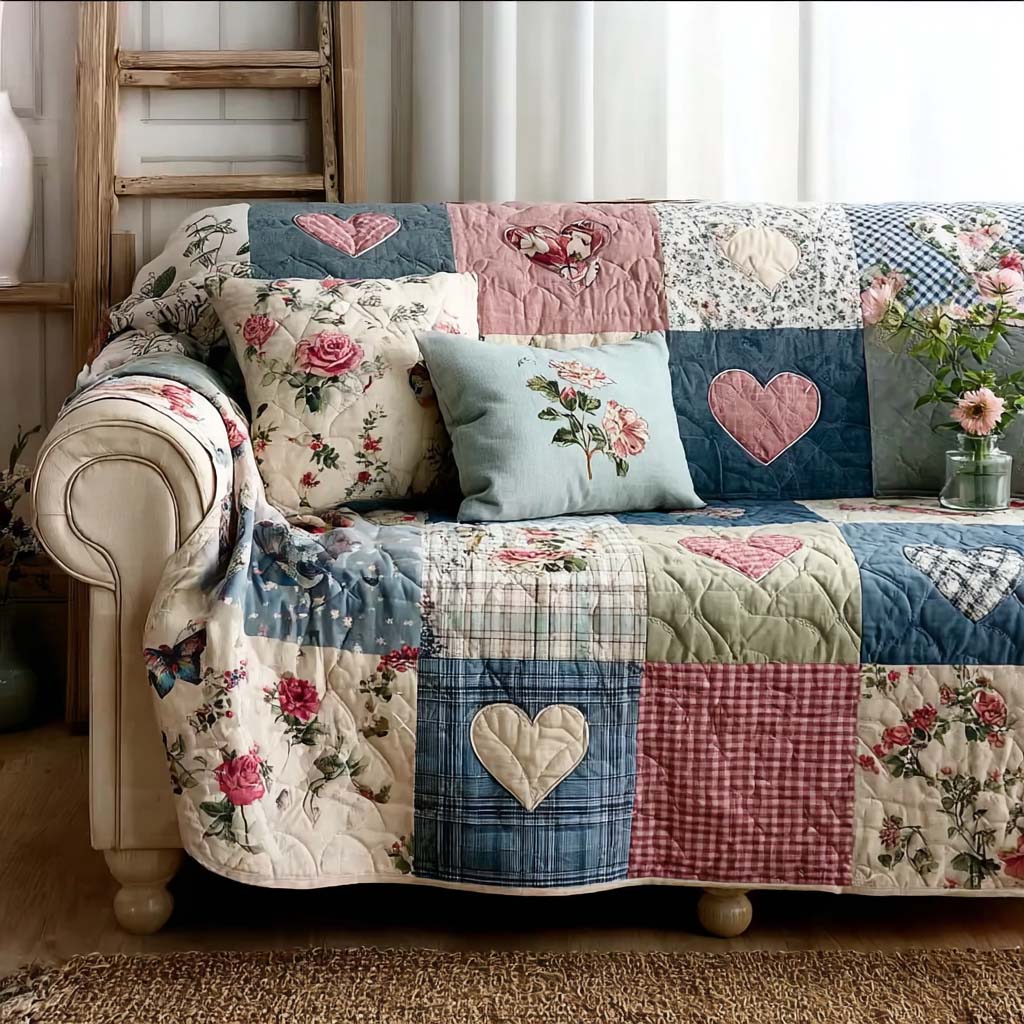 Floral Patch Bloom Quilted Sofa Cover Modern Room Decor Gift For Home Decorators - Tradiviet