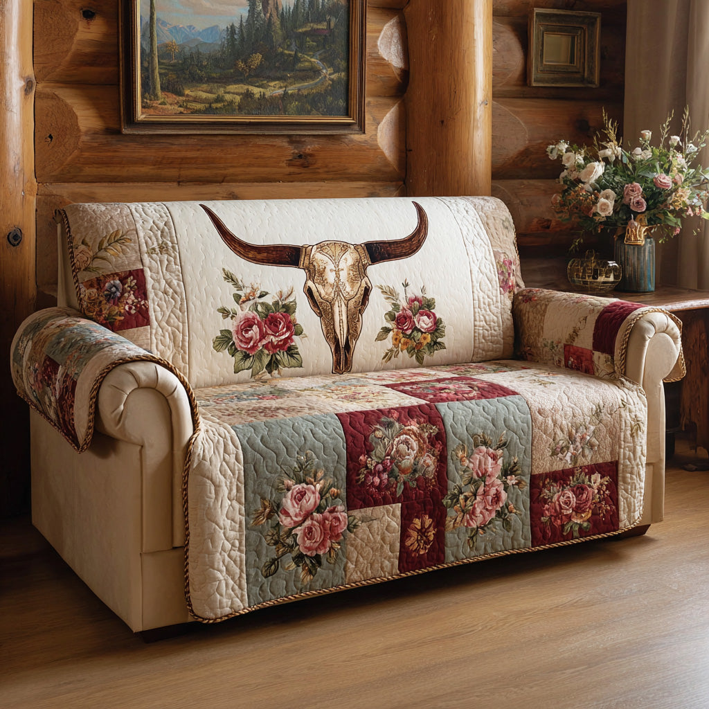Floral Prairie Skull Quilted Sofa Cover Boho Home Room Decor Gifts For Room Decor - Tradiviet
