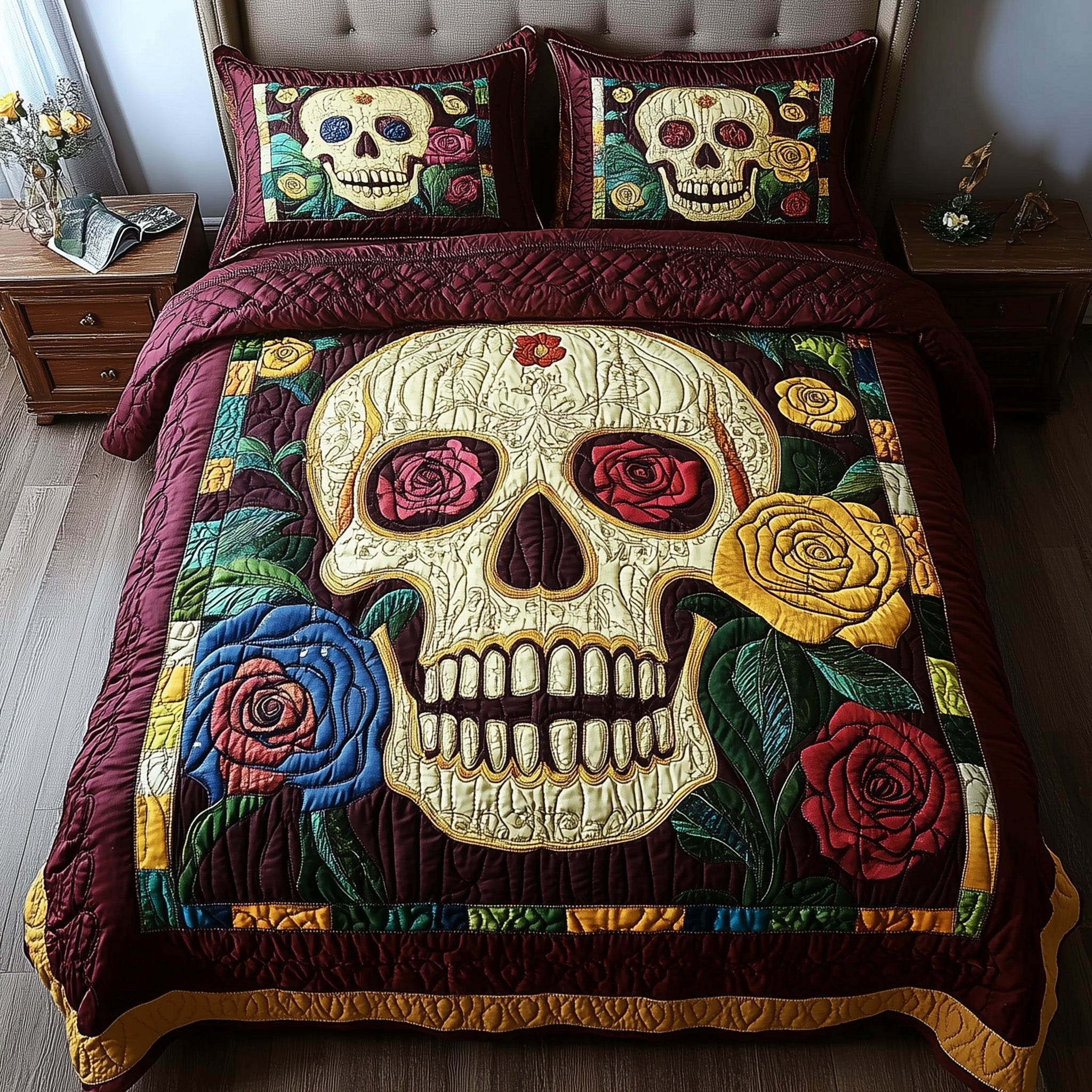 Floral Skull Quilted Bedding Set Floral Skull Appeal Gift For Floral Sister - Tradiviet