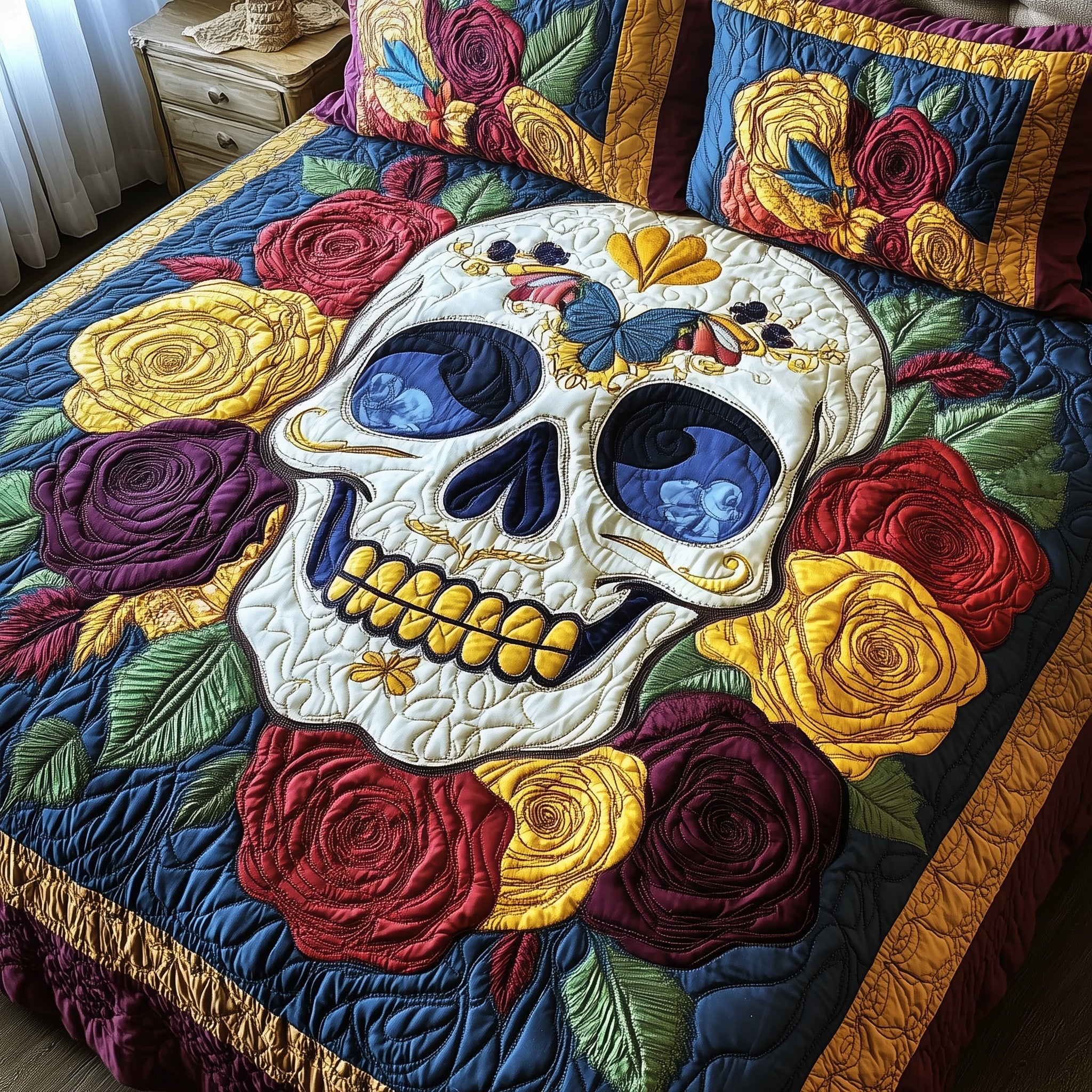 Floral Skull Quilted Bedding Set Floral Skull Charm Gift For Floral Wife - Tradiviet