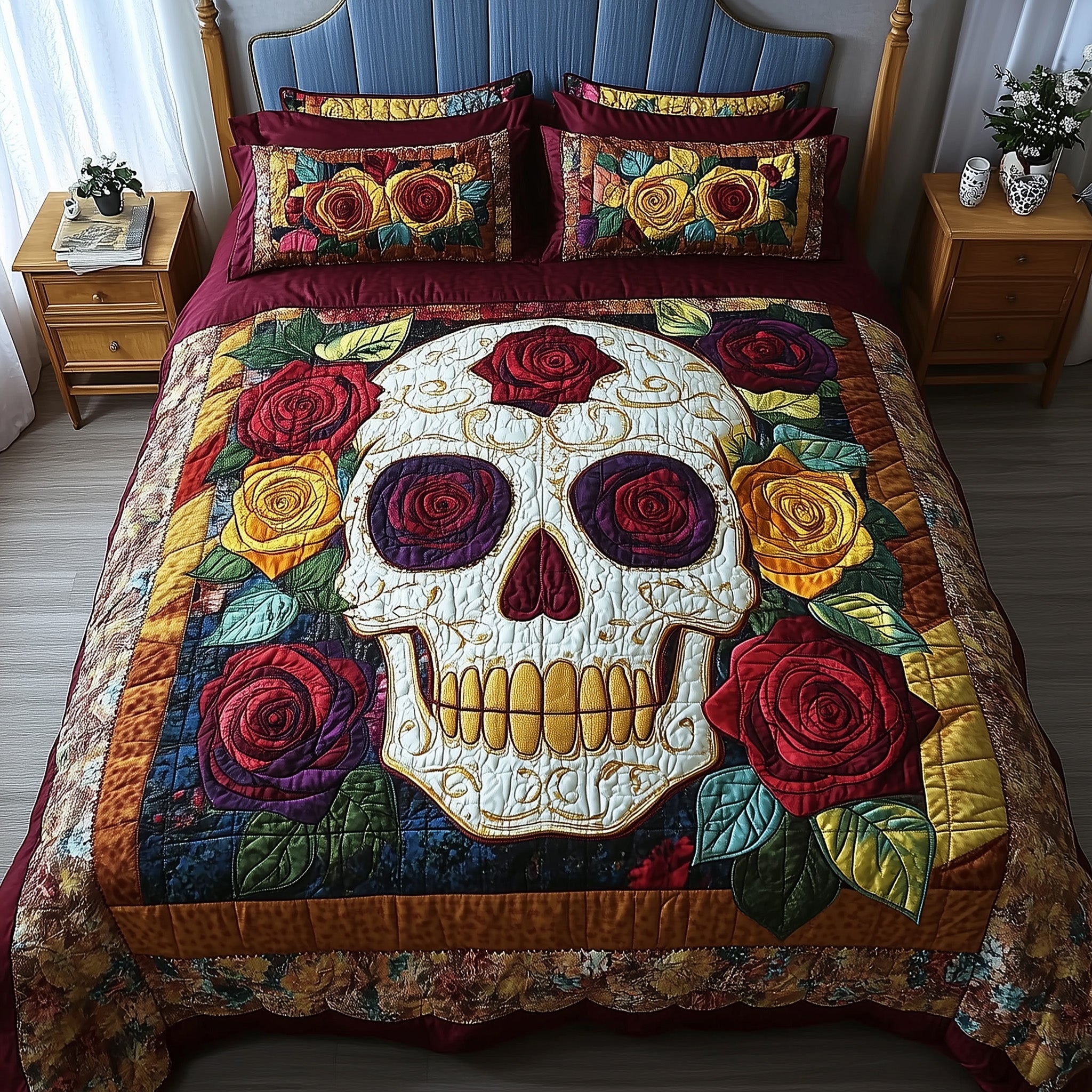 Floral Skull Quilted Bedding Set Floral Skull Keepsake Gift For Floral Dad - Tradiviet