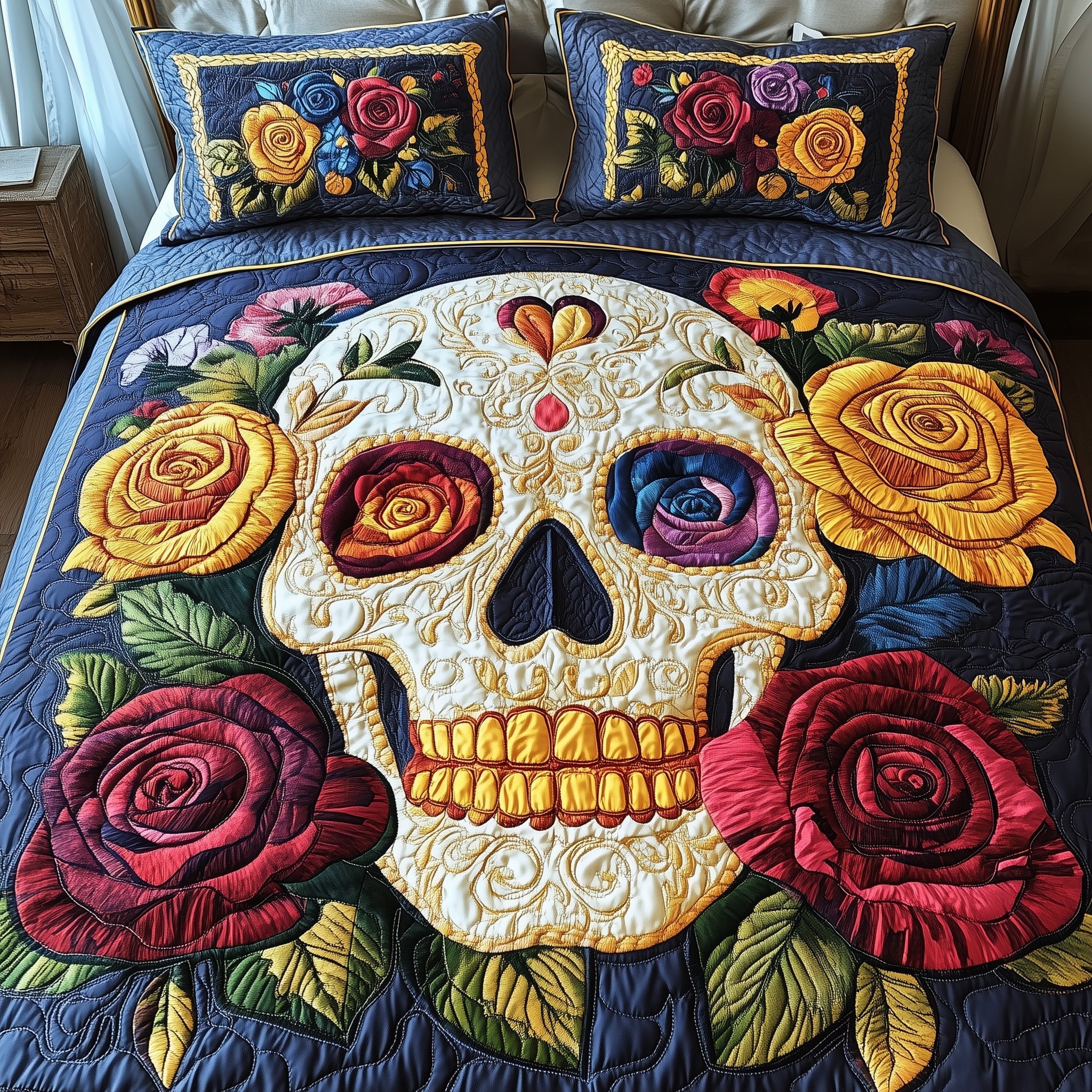 Floral Skull Quilted Bedding Set Floral Skull Ocean Gift For Floral Mom - Tradiviet
