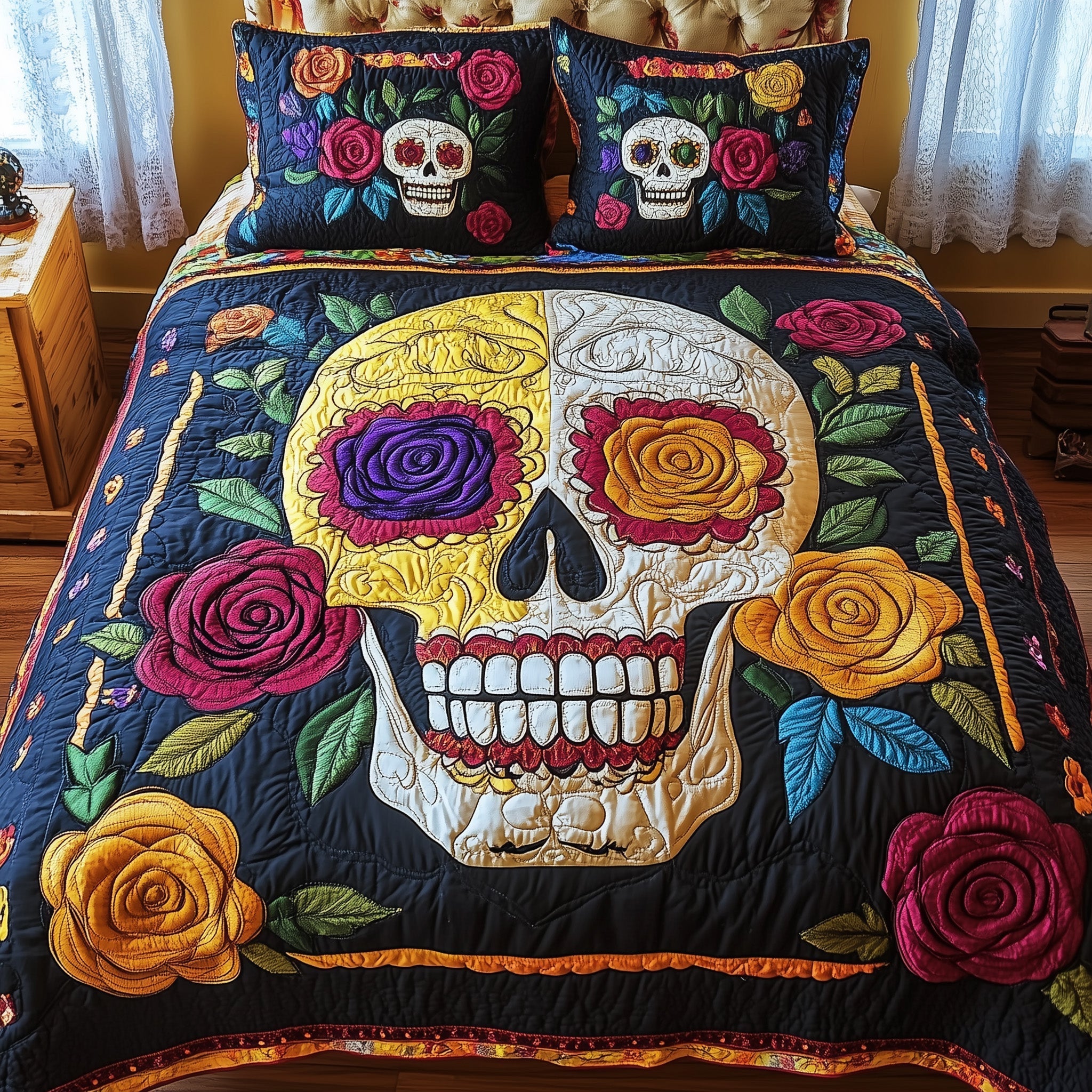 Floral Skull Quilted Bedding Set Floral Skull Spirit Gift For Floral Husband - Tradiviet