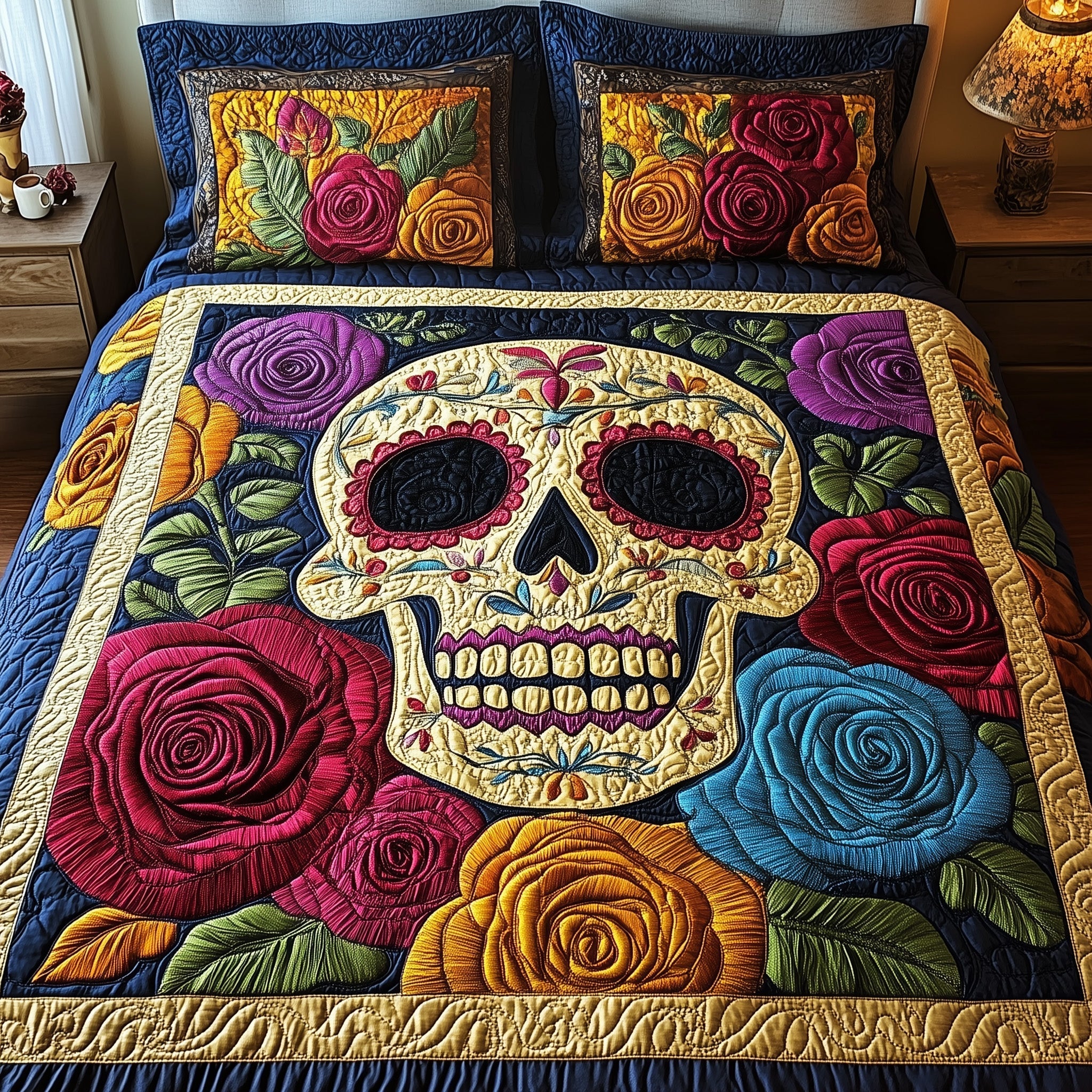 Floral Skull Quilted Bedding Set Floral Skull Whimsical Gift For Floral Skull - Tradiviet