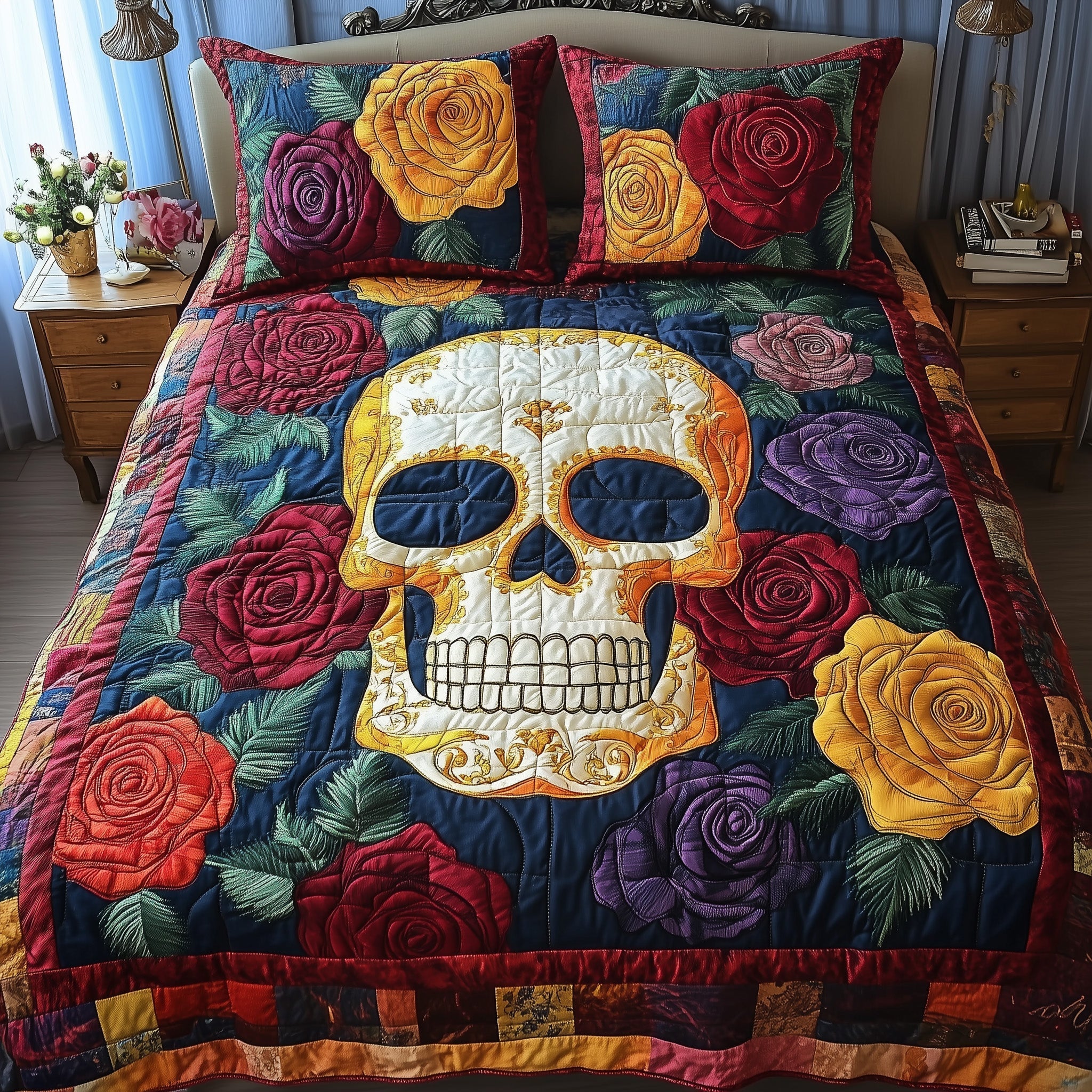 Floral Skull Quilted Bedding Set Floral Skull Wonderland Gift For Floral Family - Tradiviet