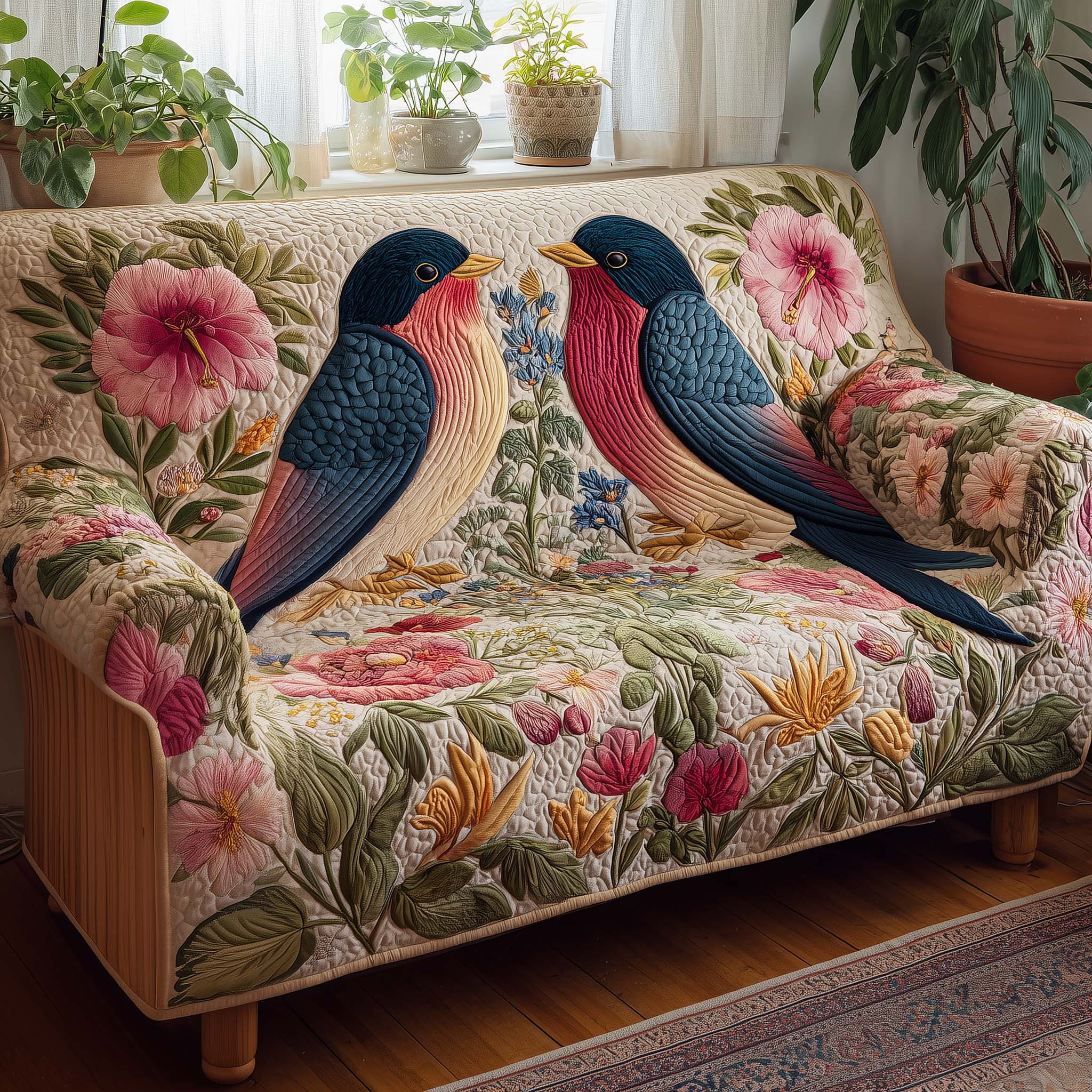 Floral Swallow Quilted Sofa Cover Bird Home Couch Cover Gift For Living Room - Tradiviet