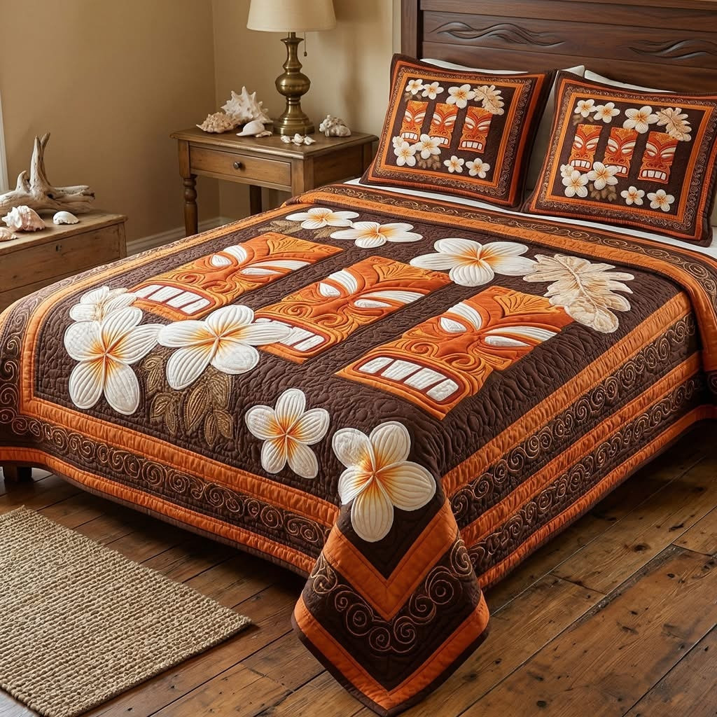 Floral Totem Quilted Bedding Set Tropical Plumeria Flower Duvet Cover Bedroom Decor Merch - Tradiviet