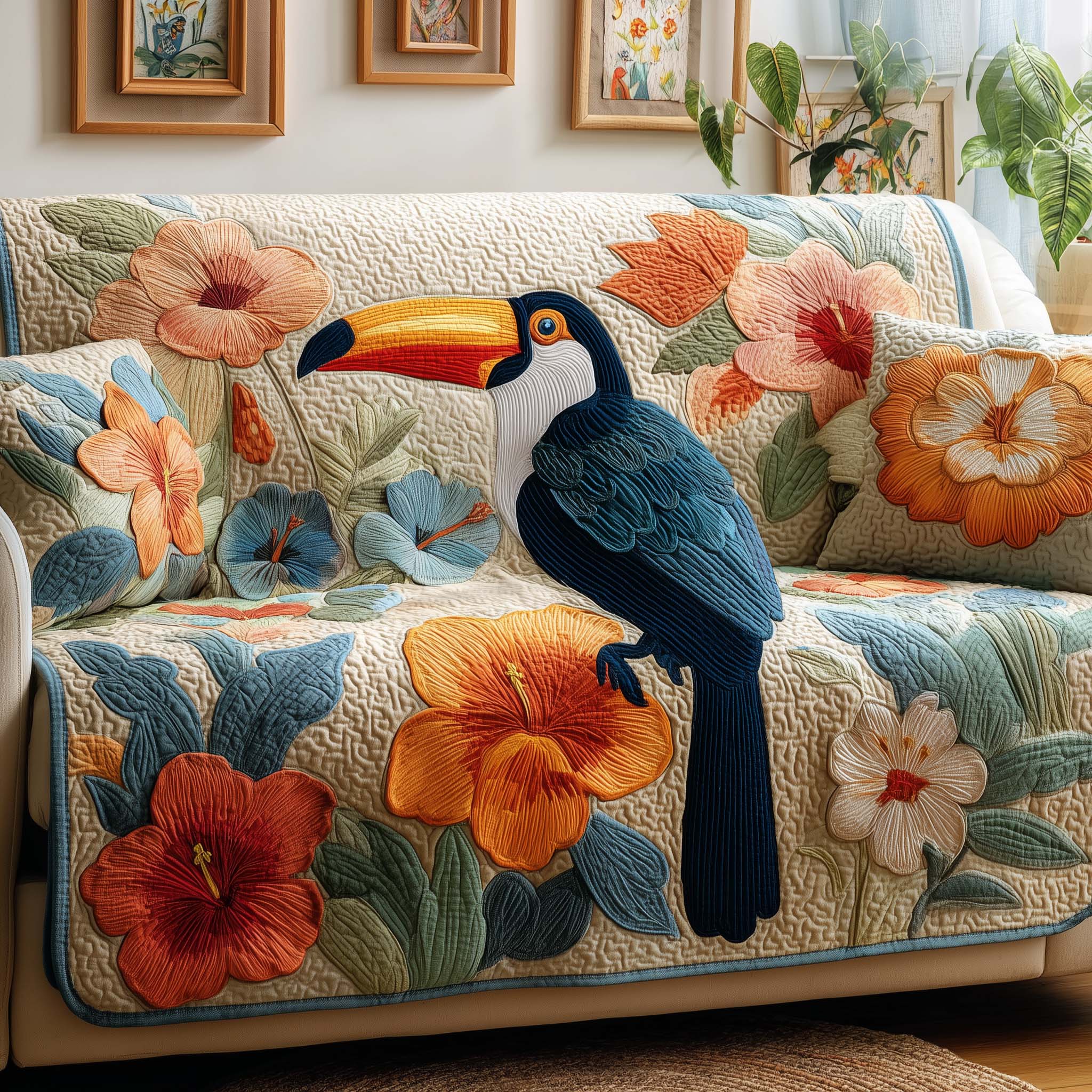 Floral Toucan Quilted Sofa Cover Bird Home Couch Cover Unique Home Decor Gifts - Tradiviet