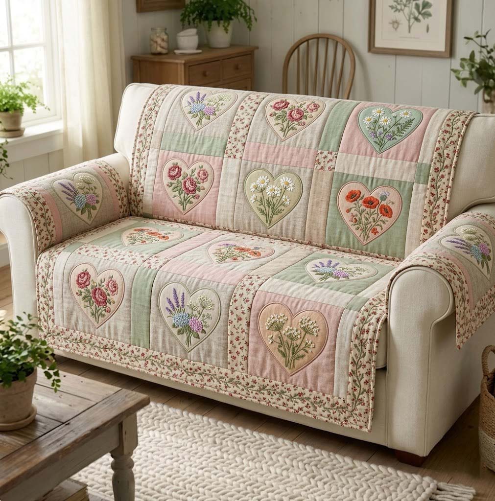 Flower Patchwork Quilted Sofa Cover Floral Home Couch Cover Cute Room Decor Finds - Tradiviet