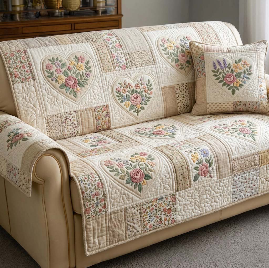 Flower Patchwork Quilted Sofa Cover Floral Home Couch Cover Home Gift For Her - Tradiviet