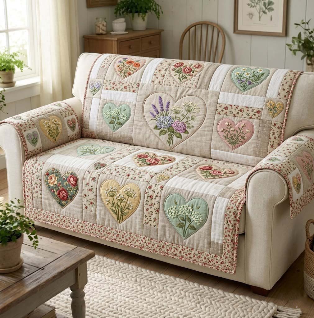 Flower Patchwork Quilted Sofa Cover Floral Home Couch Cover Home Gifts For Her - Tradiviet