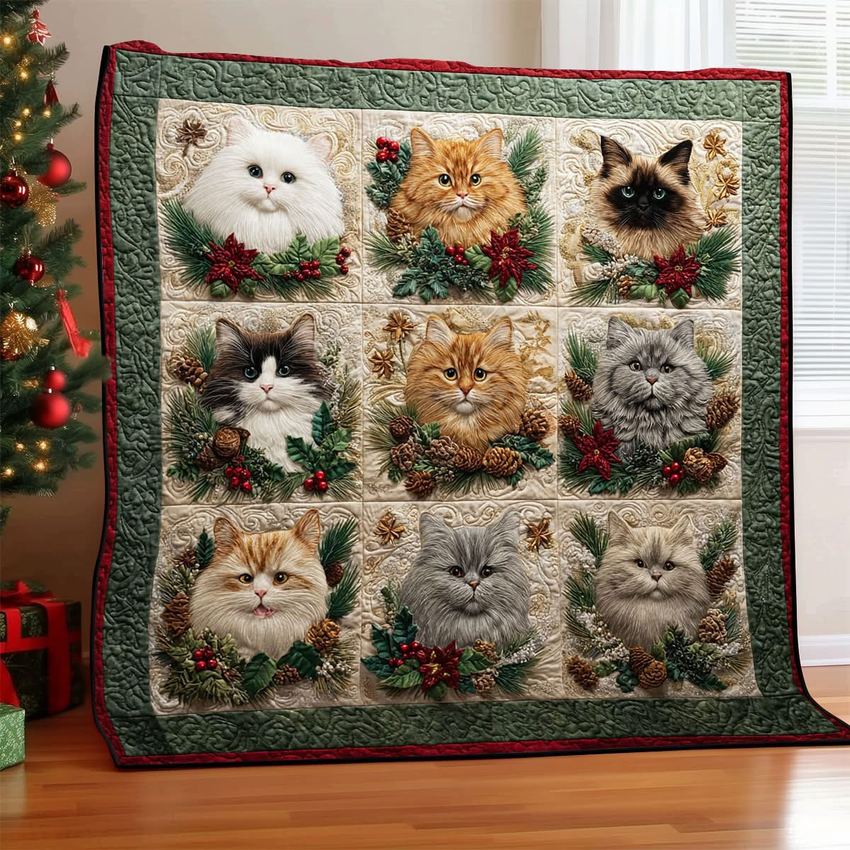 Fluffy Cat Christmas Quilted Blanket Lovely Xmas Gifts For People Like Cat - Tradiviet