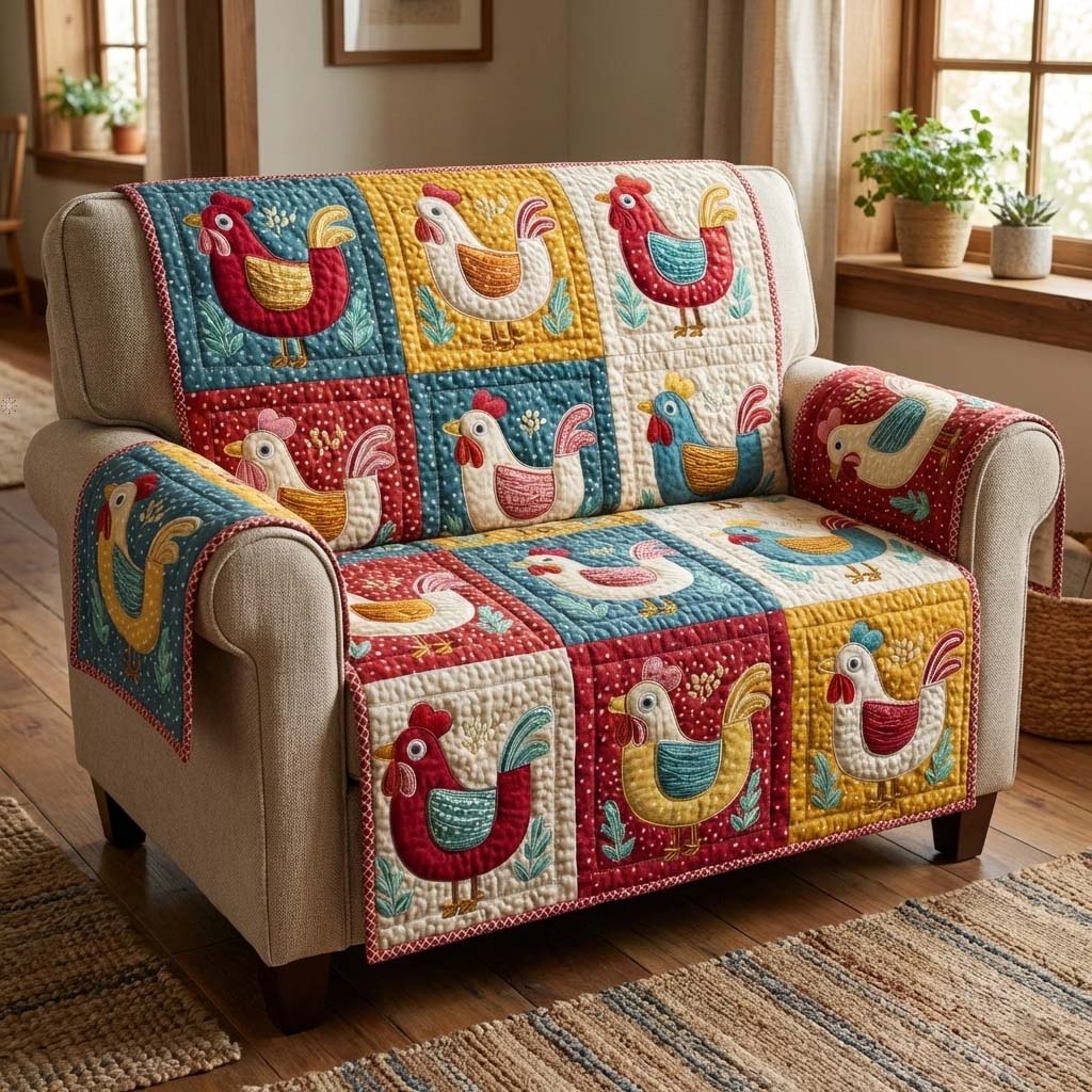 Folk Chickens Quilted Sofa Cover Farmhouse Home Couch Cover Perfect Housewarming Gift Ideas - Tradiviet
