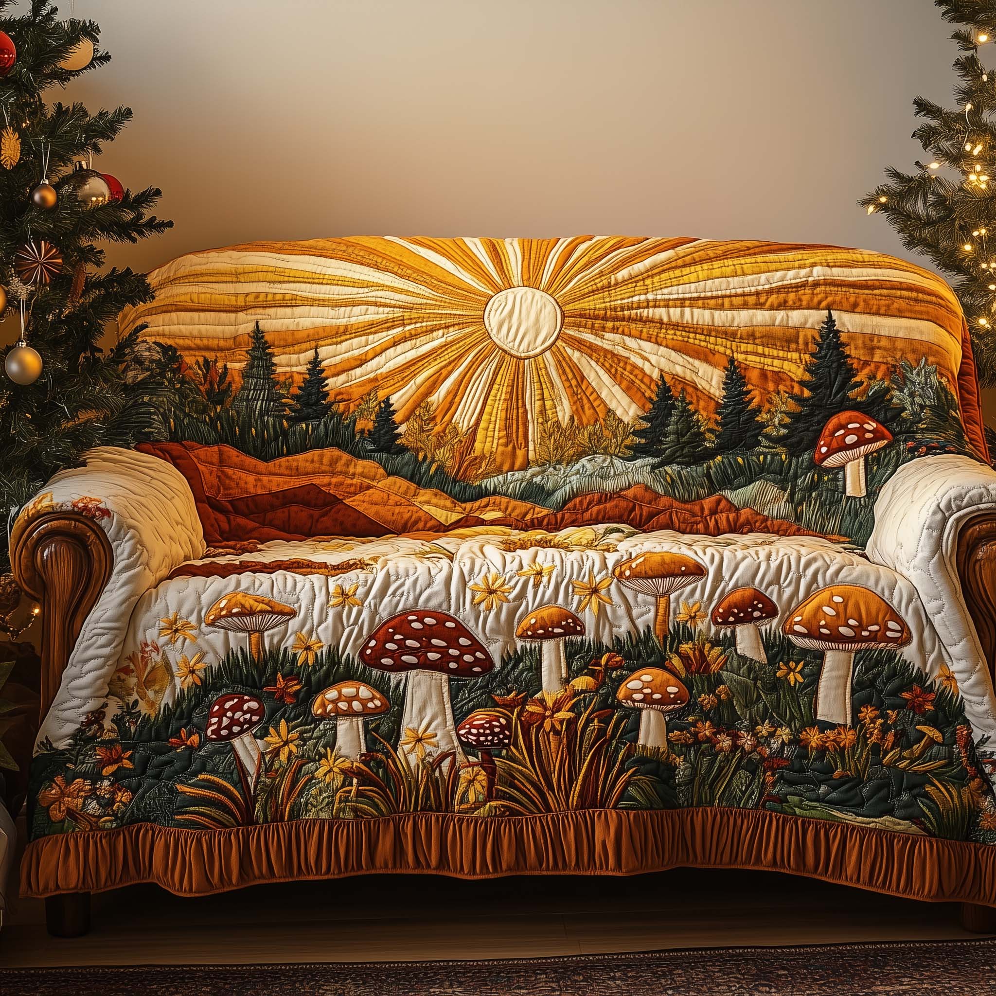 Folk Sunrise Quilted Sofa Cover Cozy Home Couch Cover Gifts For New Homes - Tradiviet