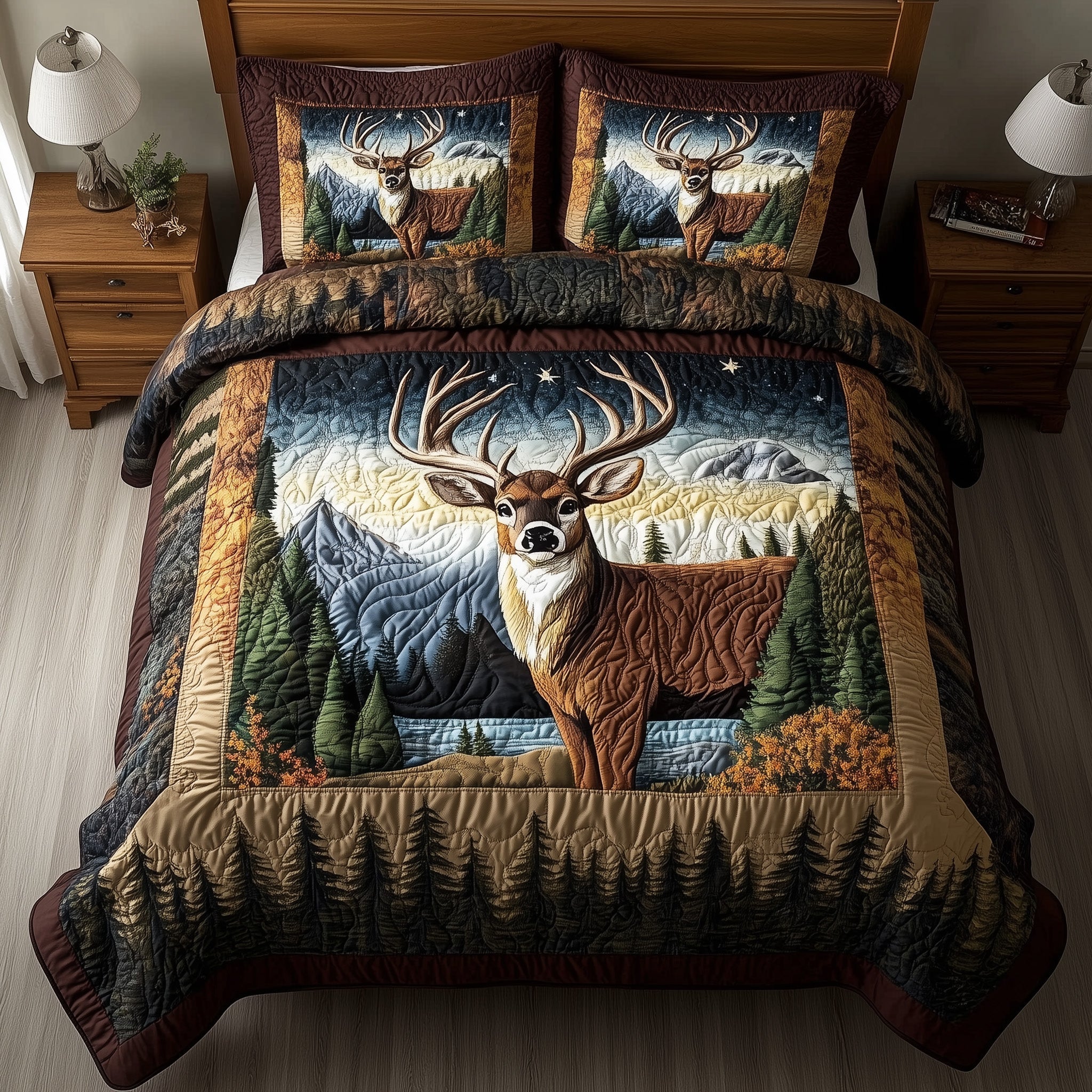 Forest Deer Quilted Bedding Set Forest Deer Calm Gift For Deer Fans - Tradiviet