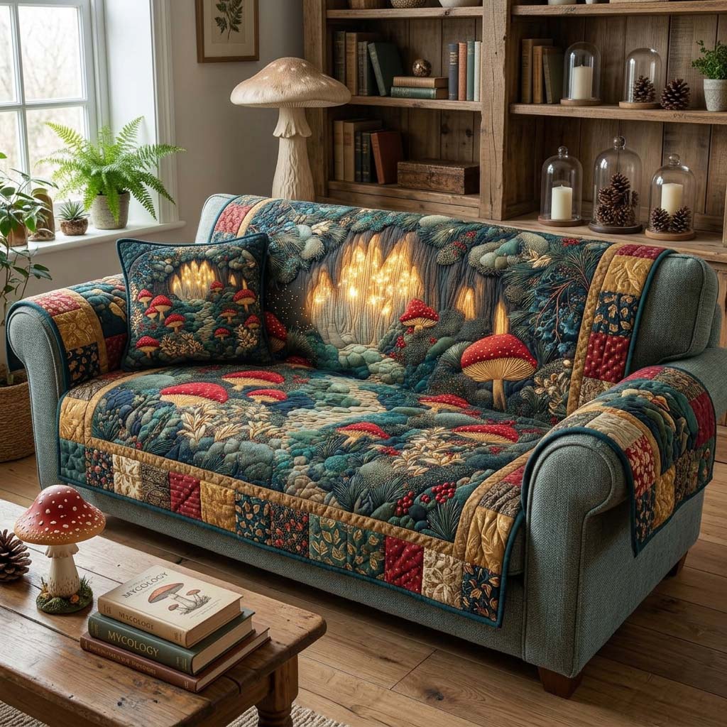 Forest Glow Mushrooms Quilted Sofa Cover Unique Room Decor Room Decor Gift Ideas - Tradiviet