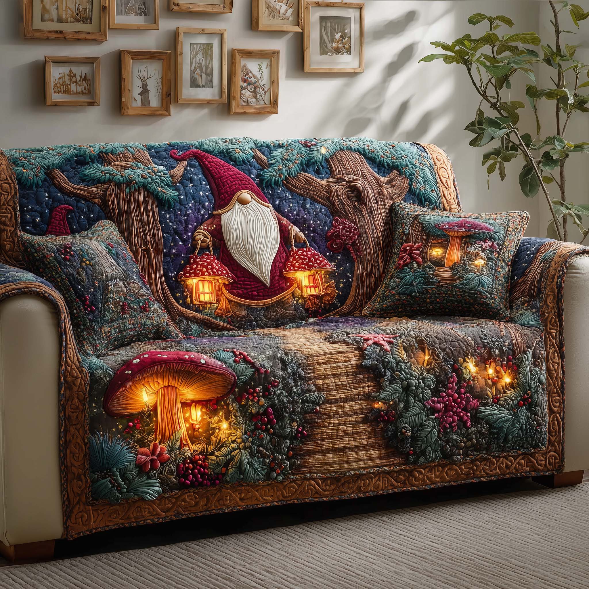 Forest Gnome Quilted Sofa Cover Forest Home Couch Cover Cozy Housewarming Gift Ideas - Tradiviet