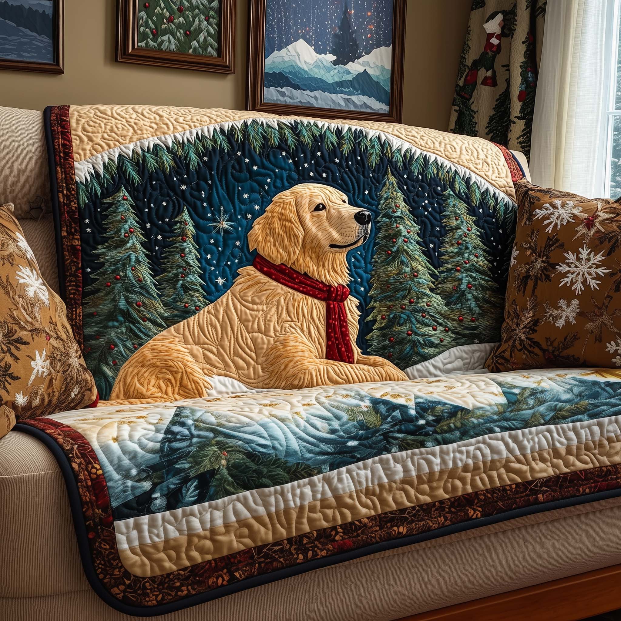 Forest Golden Quilted Sofa Cover Forest Home Best Room Decor Gifts - Tradiviet
