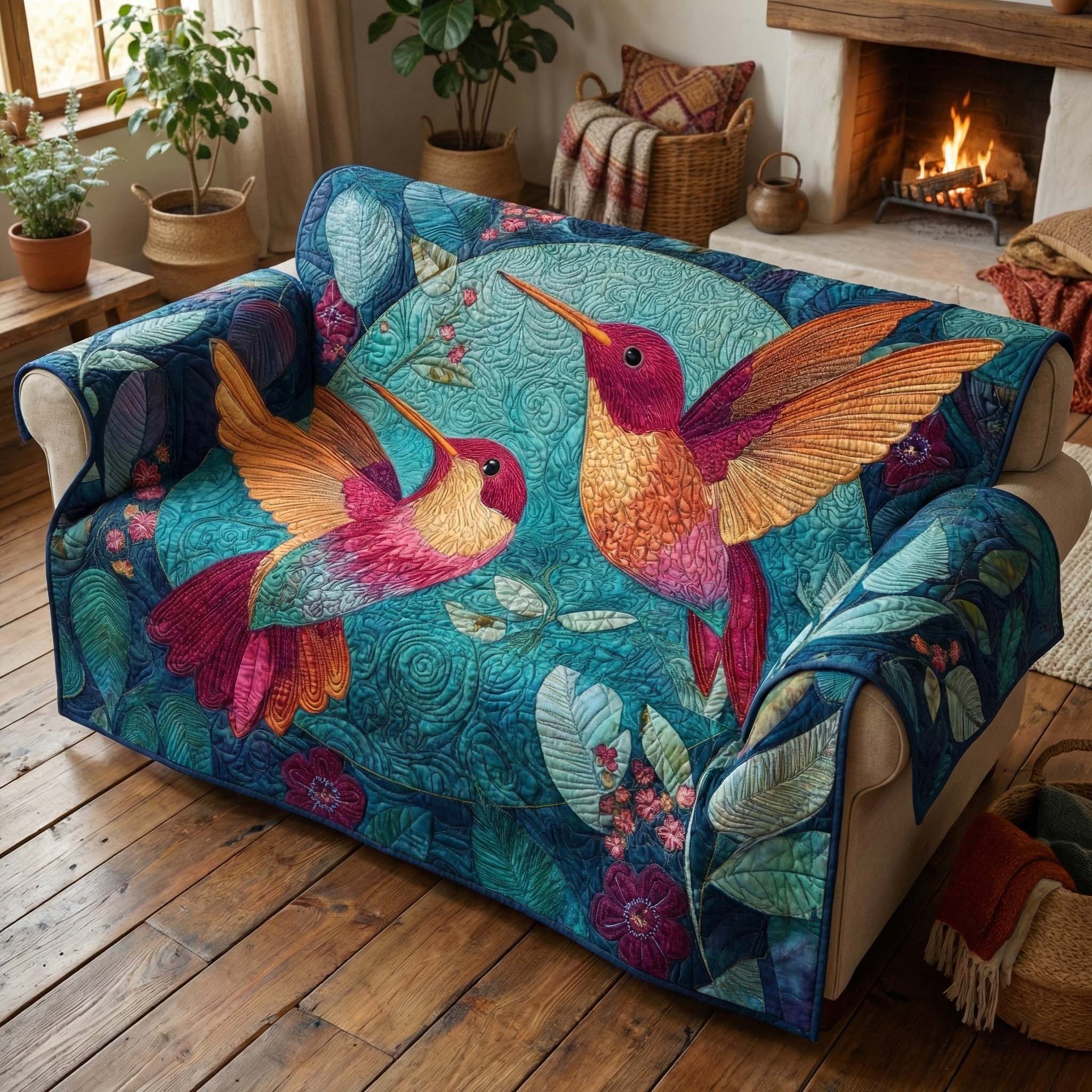 Forest Hummingbirds Quilted Sofa Cover Forest Home Couch Cover Trendy Room Decor Gifts - Tradiviet
