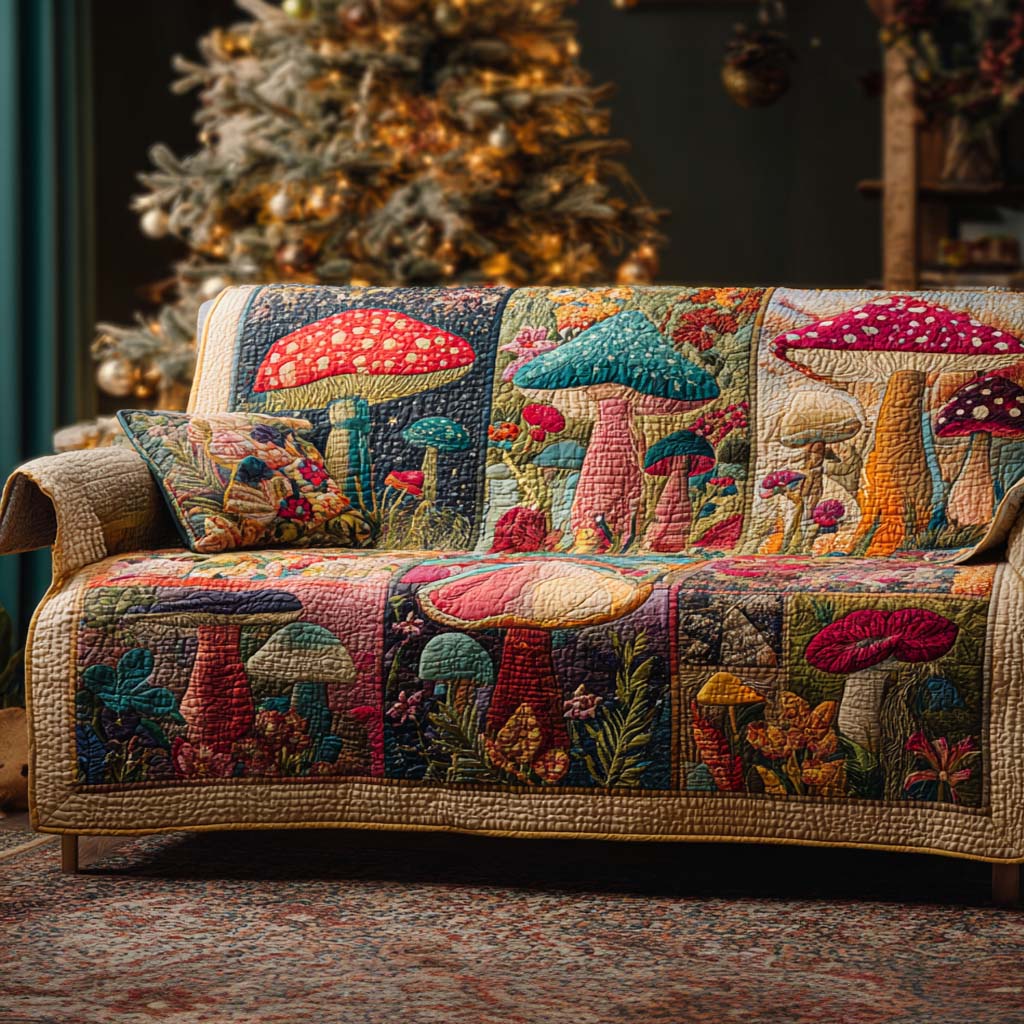 Forest Mushroom Patchwork Quilted Sofa Cover Beautiful Home Room Decor Gift For New Homeowners - Tradiviet