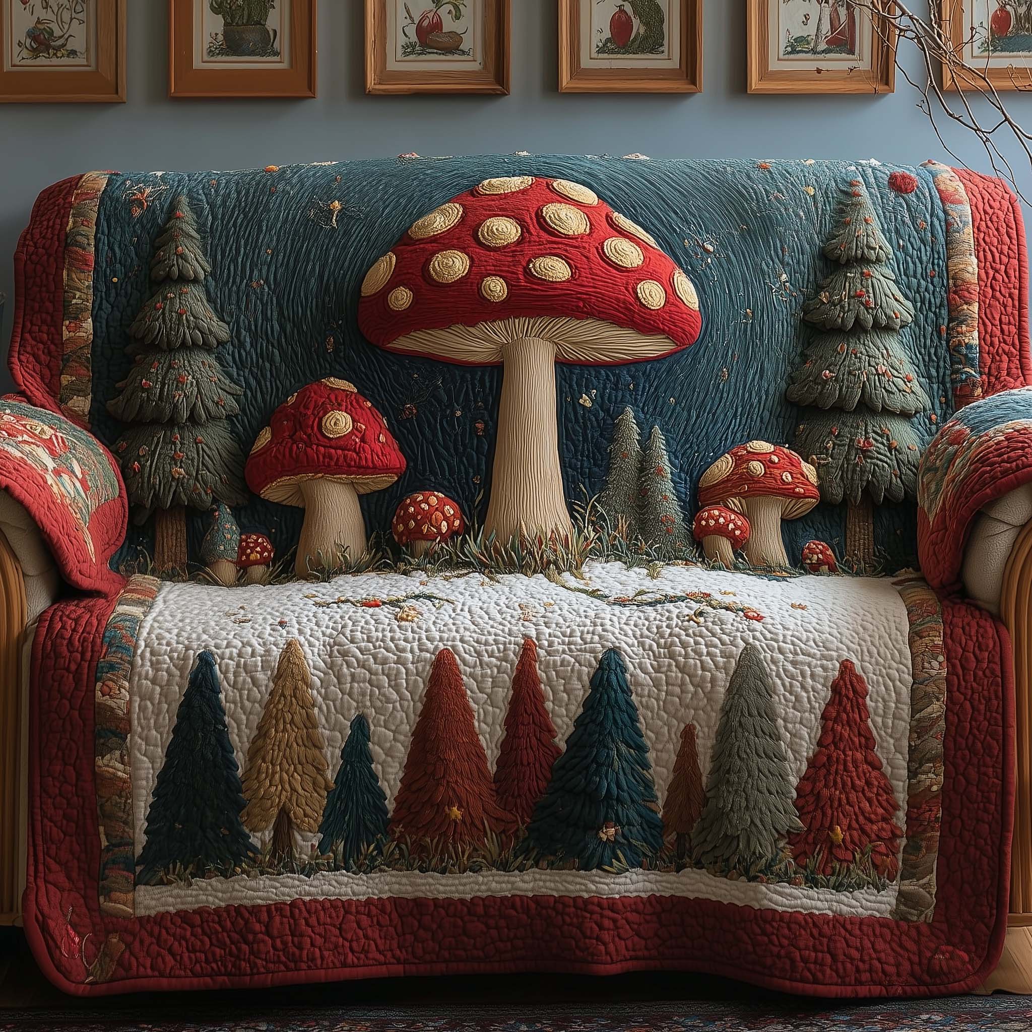 Forest Mushroom Quilted Sofa Cover Forest Home Couch Cover Best Housewarming Gift Ideas - Tradiviet