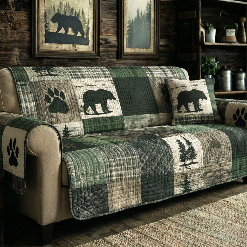 Forest Plaid Bear Quilted Sofa Cover Holiday Home Room Decor Bear Best Friend Gifts - Tradiviet