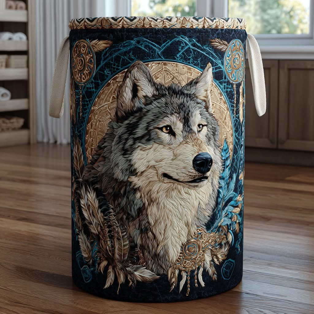 Forest Wolf Quilted Laundry Blanket Tribal Style Storage Baskets Gifts For Wolf Lovers - Tradiviet