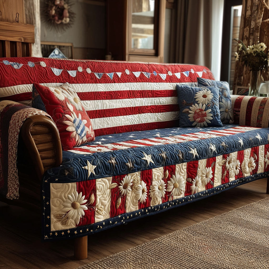 Freedom Daisy Lane Quilted Sofa Cover Cool Couch Slipcovers Patriots Gifts For Dad - Tradiviet